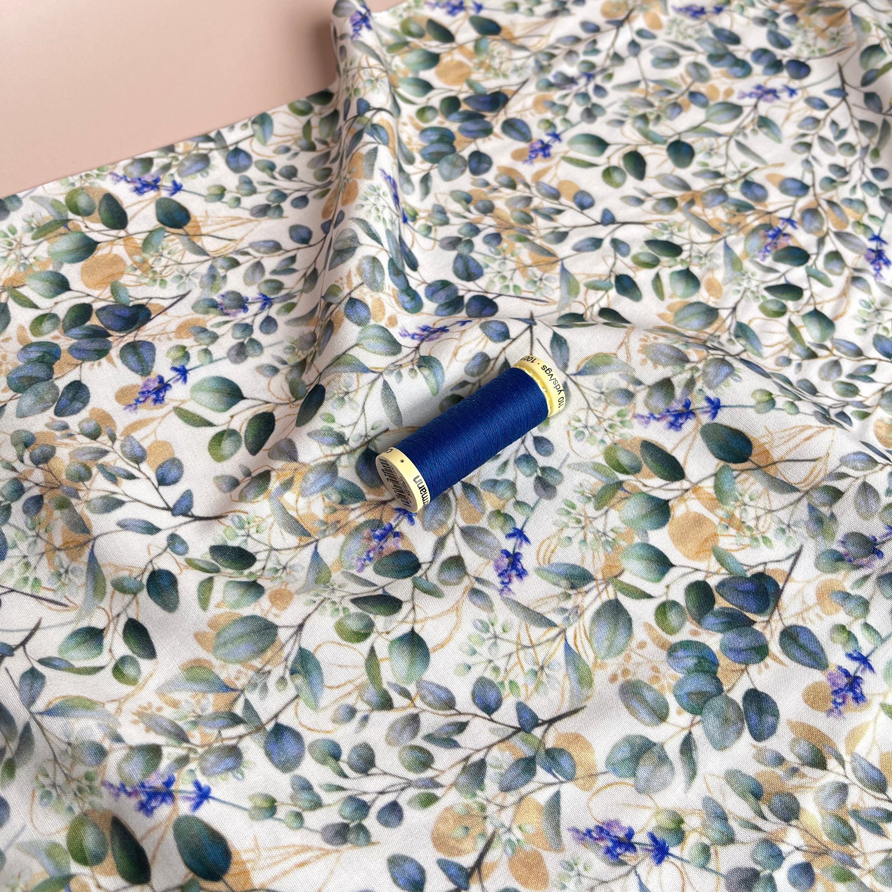 Eucalyptus Leaves on White Stretch Viscose Poplin Fabric