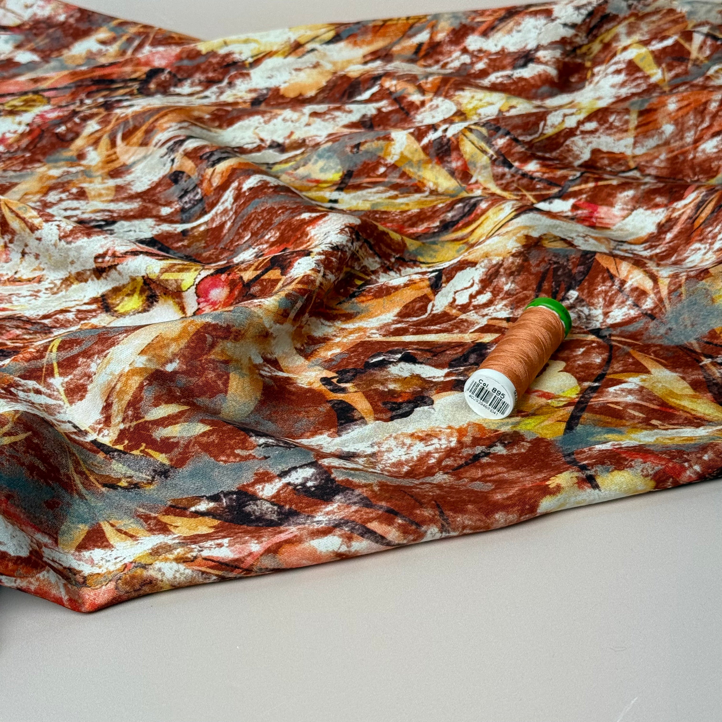 Autumn Foliage Terracotta Viscose Sateen Fabric