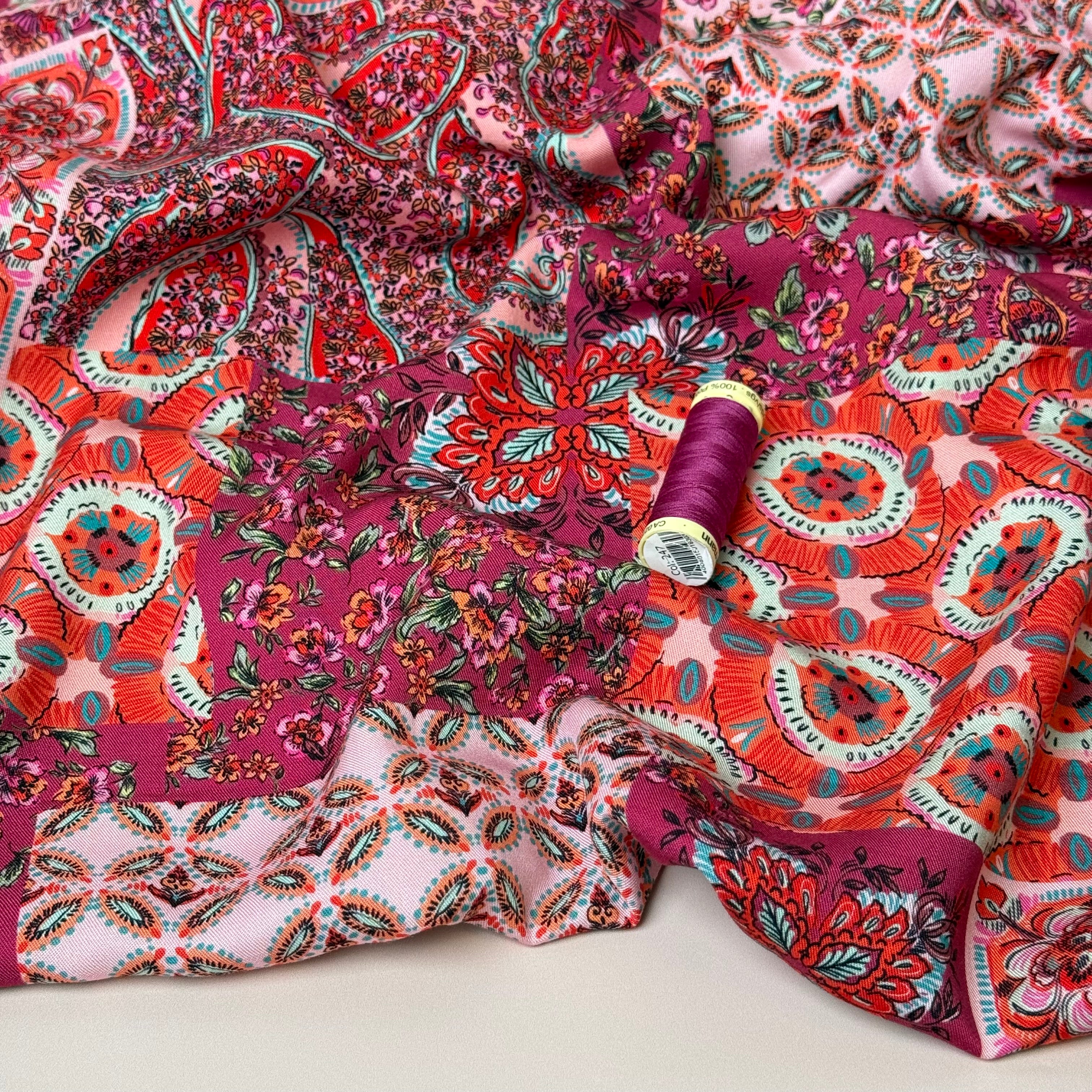 Vintage Patchwork Berry Viscose Twill Fabric