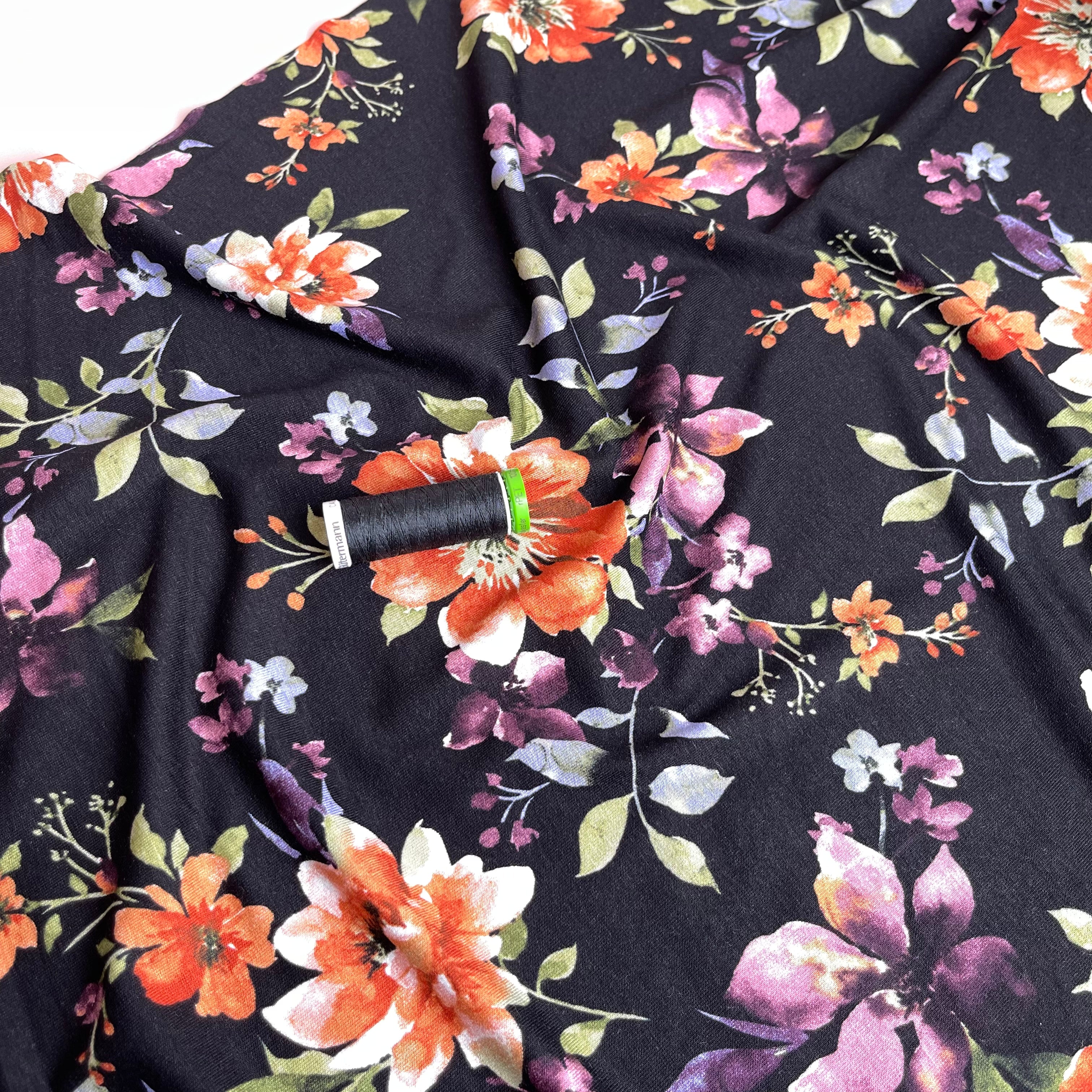 REMNANT 1.16 Metres - Watercolour Bouquet on Black Viscose Jersey Fabric