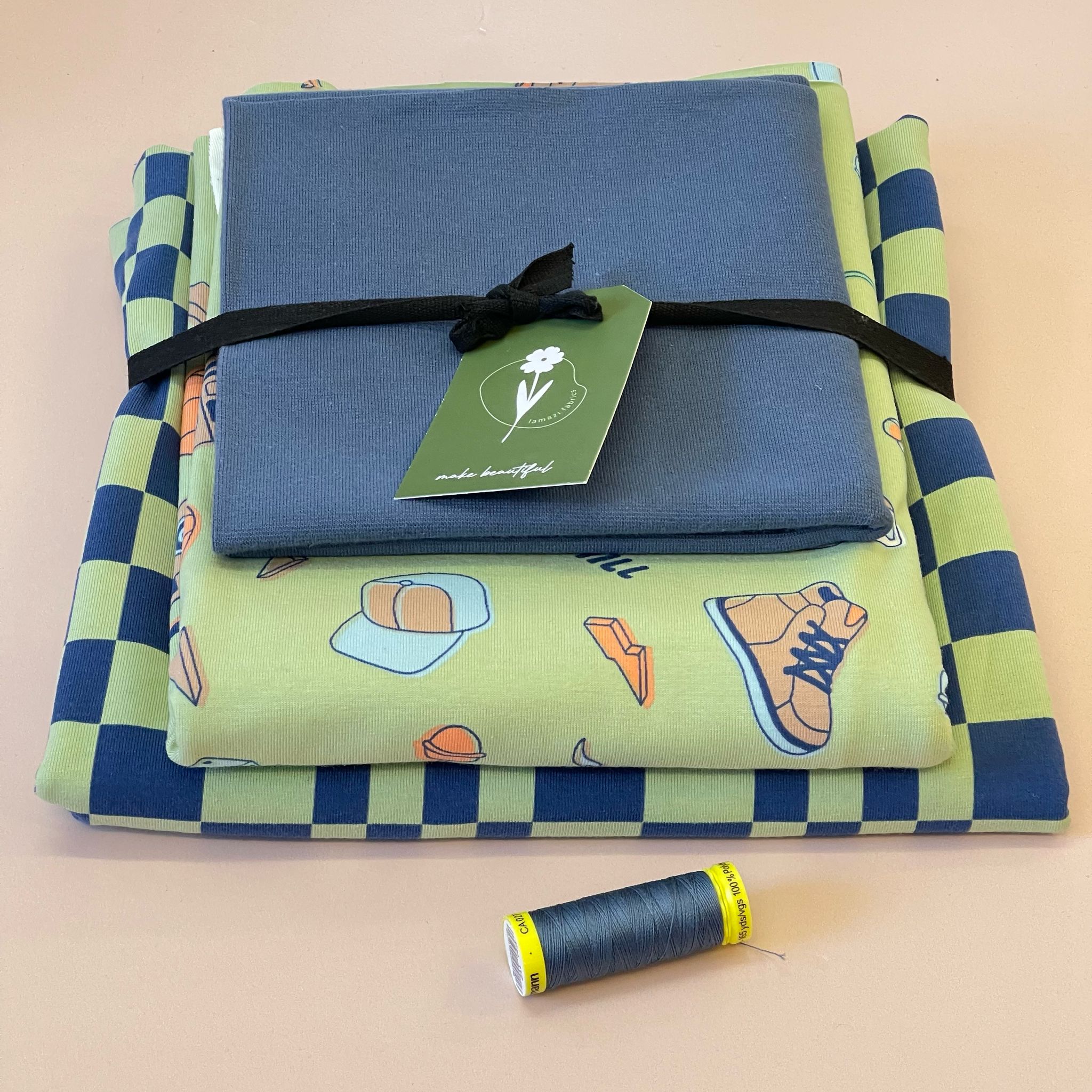 Checkers in Blue and Lime Green Cotton Jersey Fabric