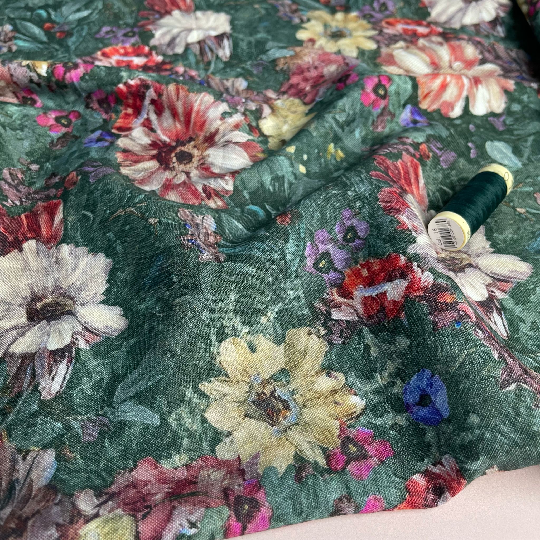 Painted Forest Flowers Viscose Linen Fabric