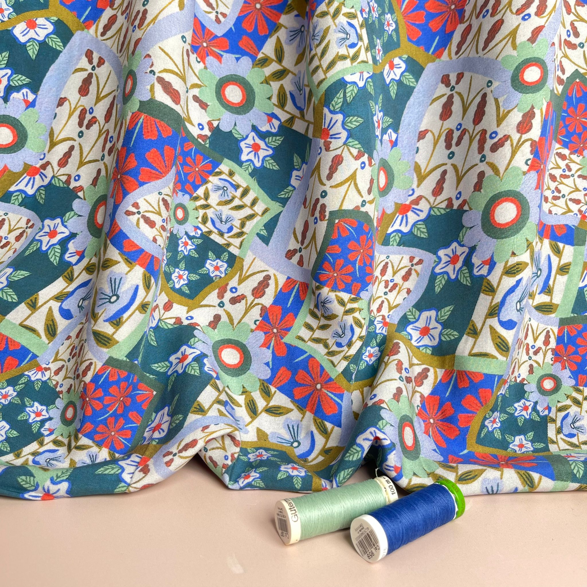 Floral Patchwork Print in Blue and Red Viscose Fabric