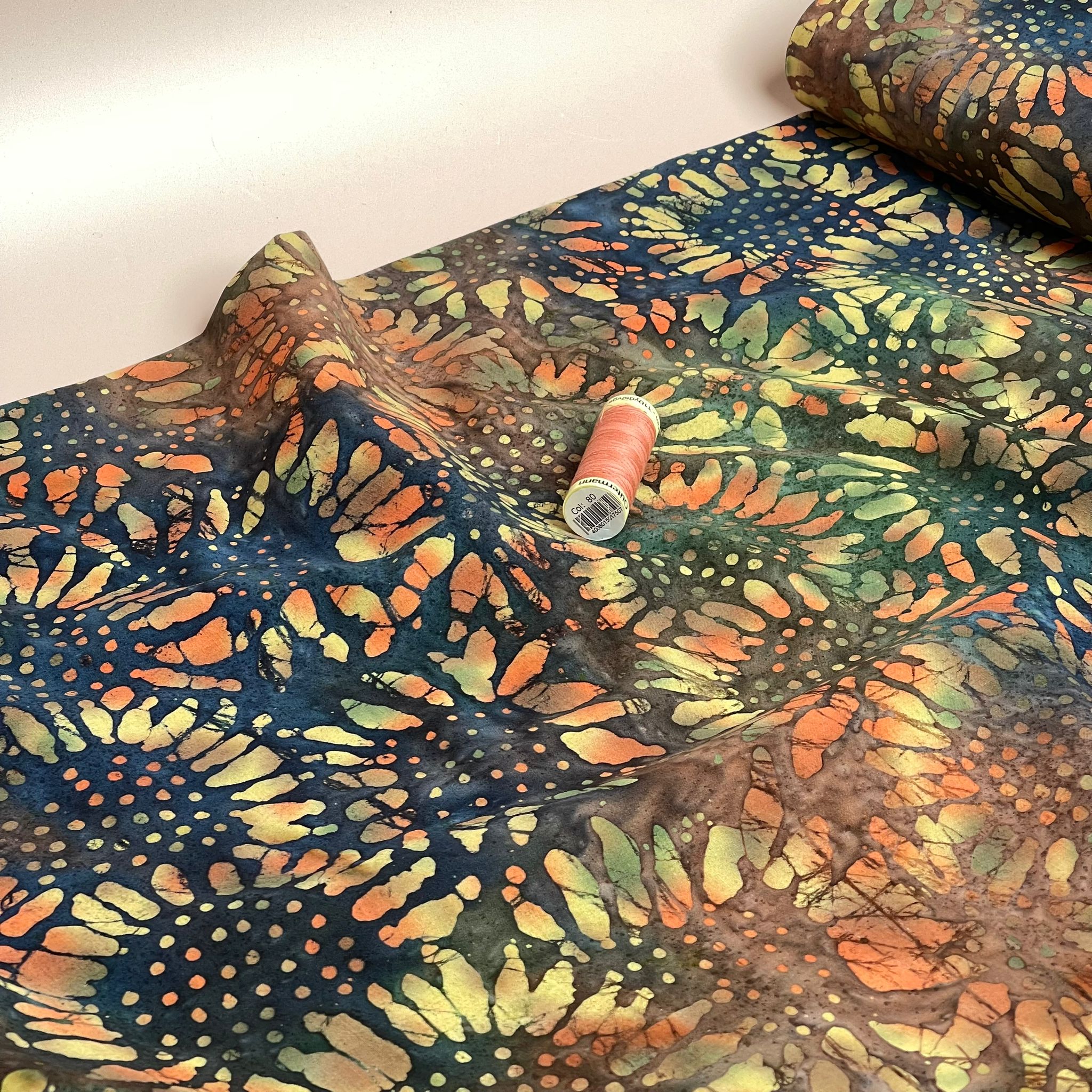 REMNANT 1.10 Metres - Batik Sunflowers on Navy Cotton Fabric