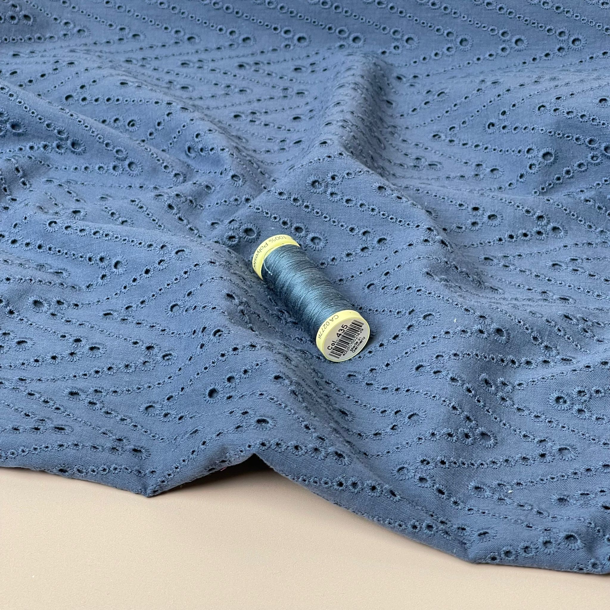 Embroidered Zig-Zags on Denim Navy Cotton Broderie Anglaise Fabric