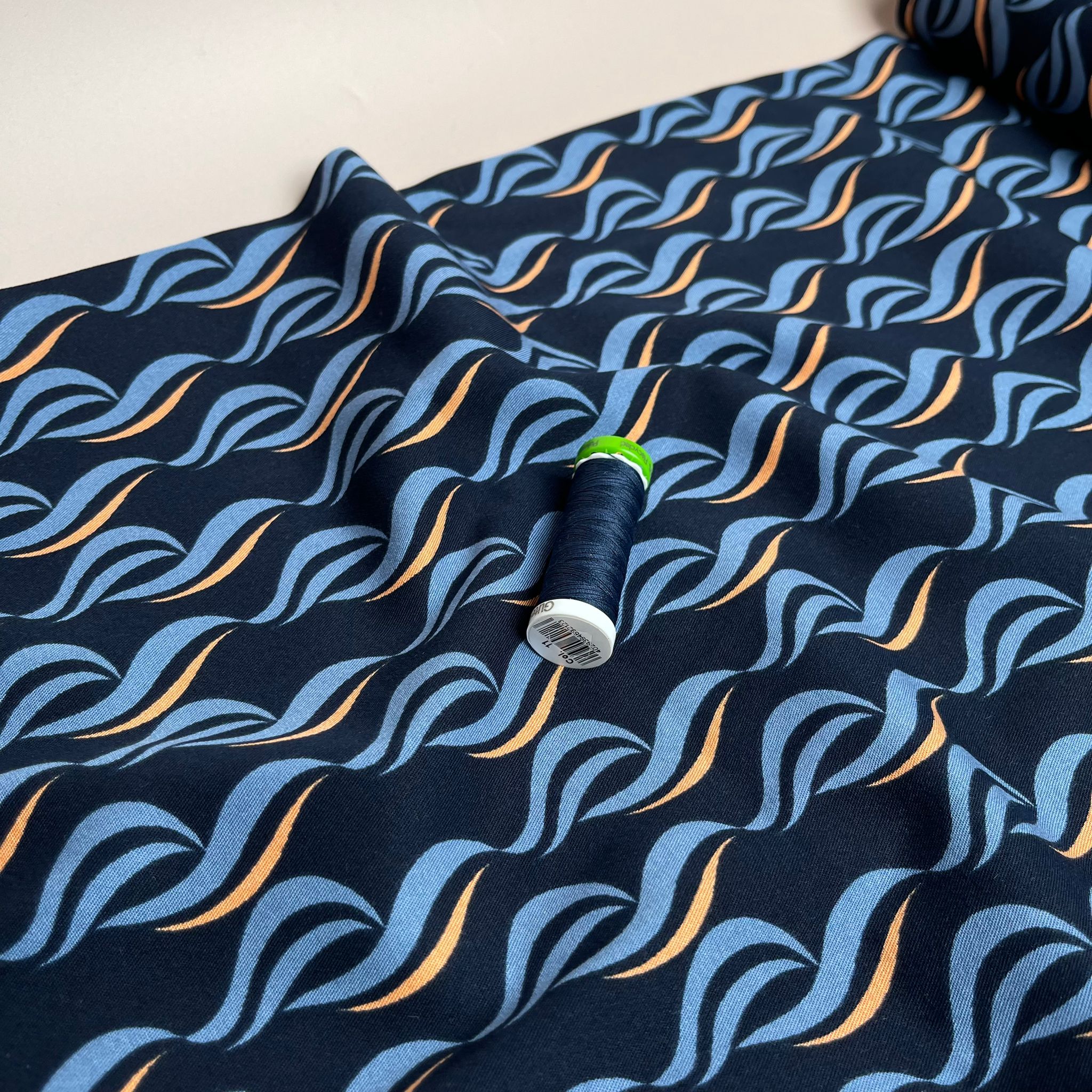 Rosella Waves on Navy Viscose Twill with Stretch