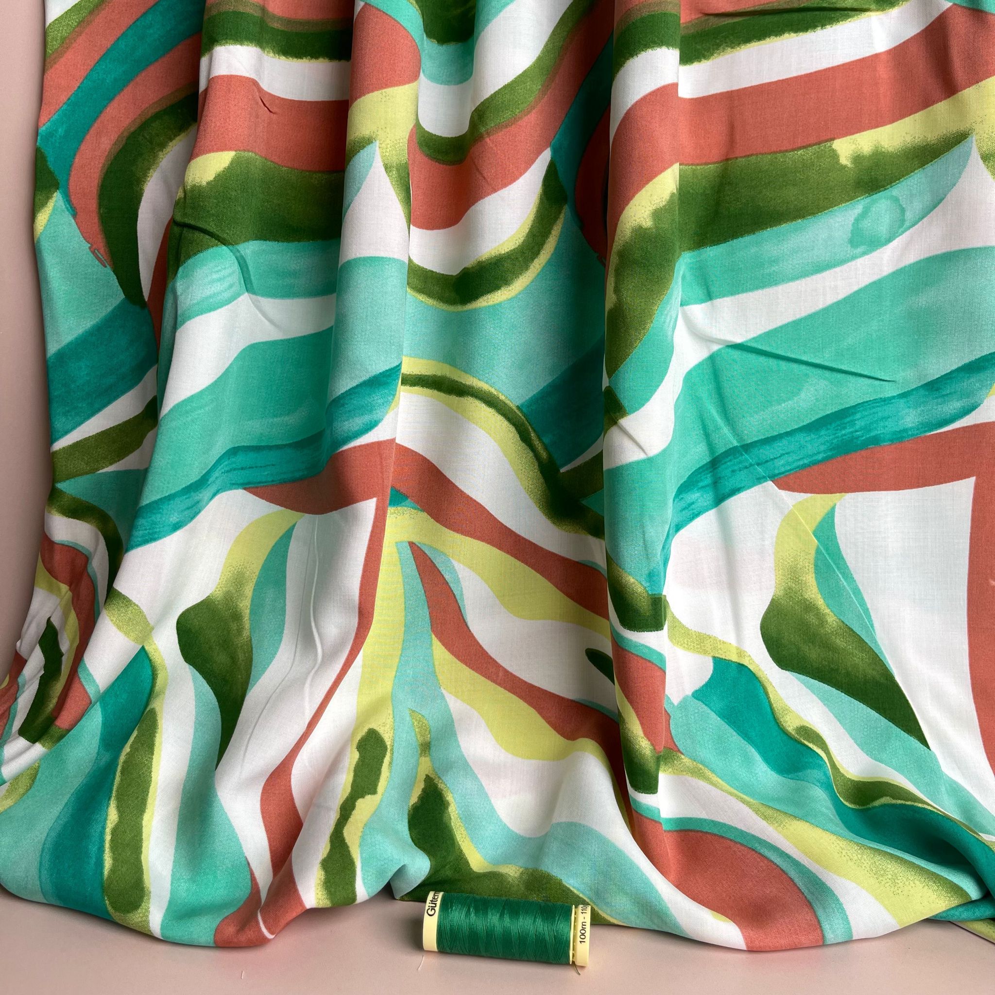 Abstract Waves Green Viscose Poplin Fabric
