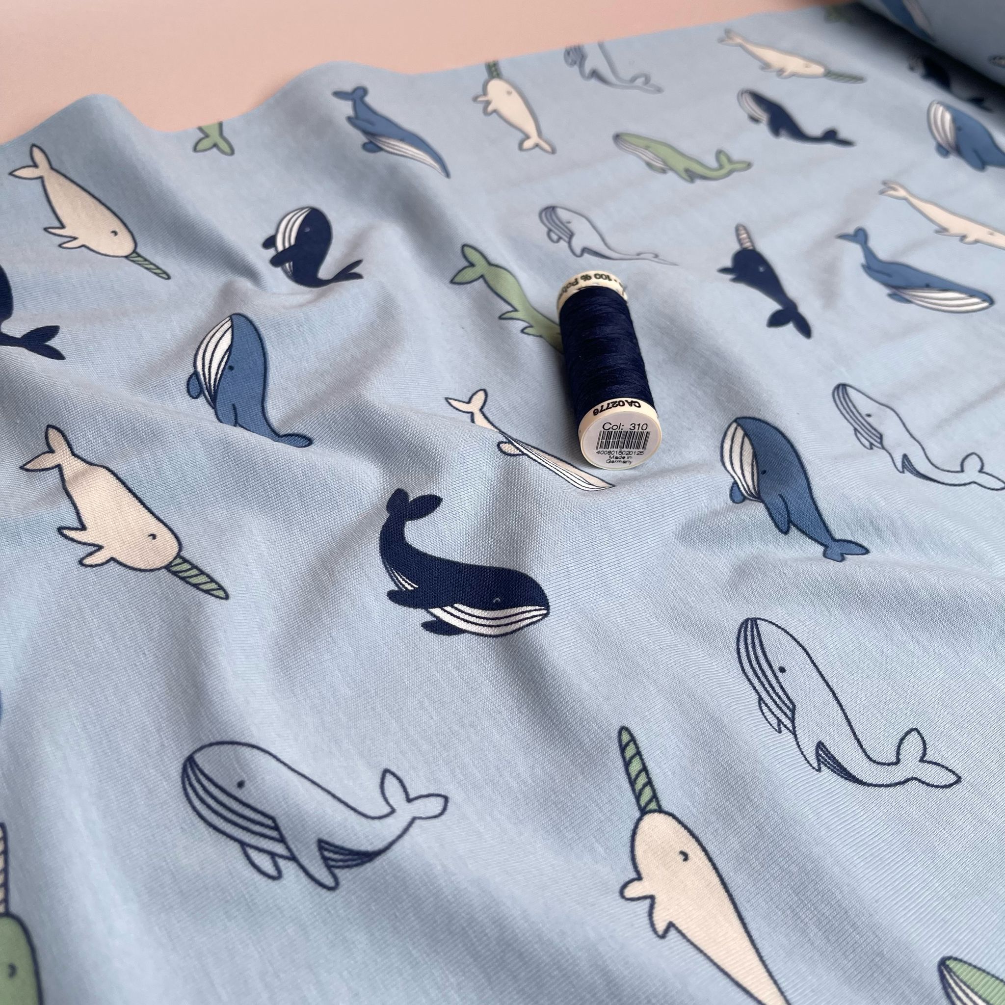 Light Blue Whales Cotton Jersey Fabric