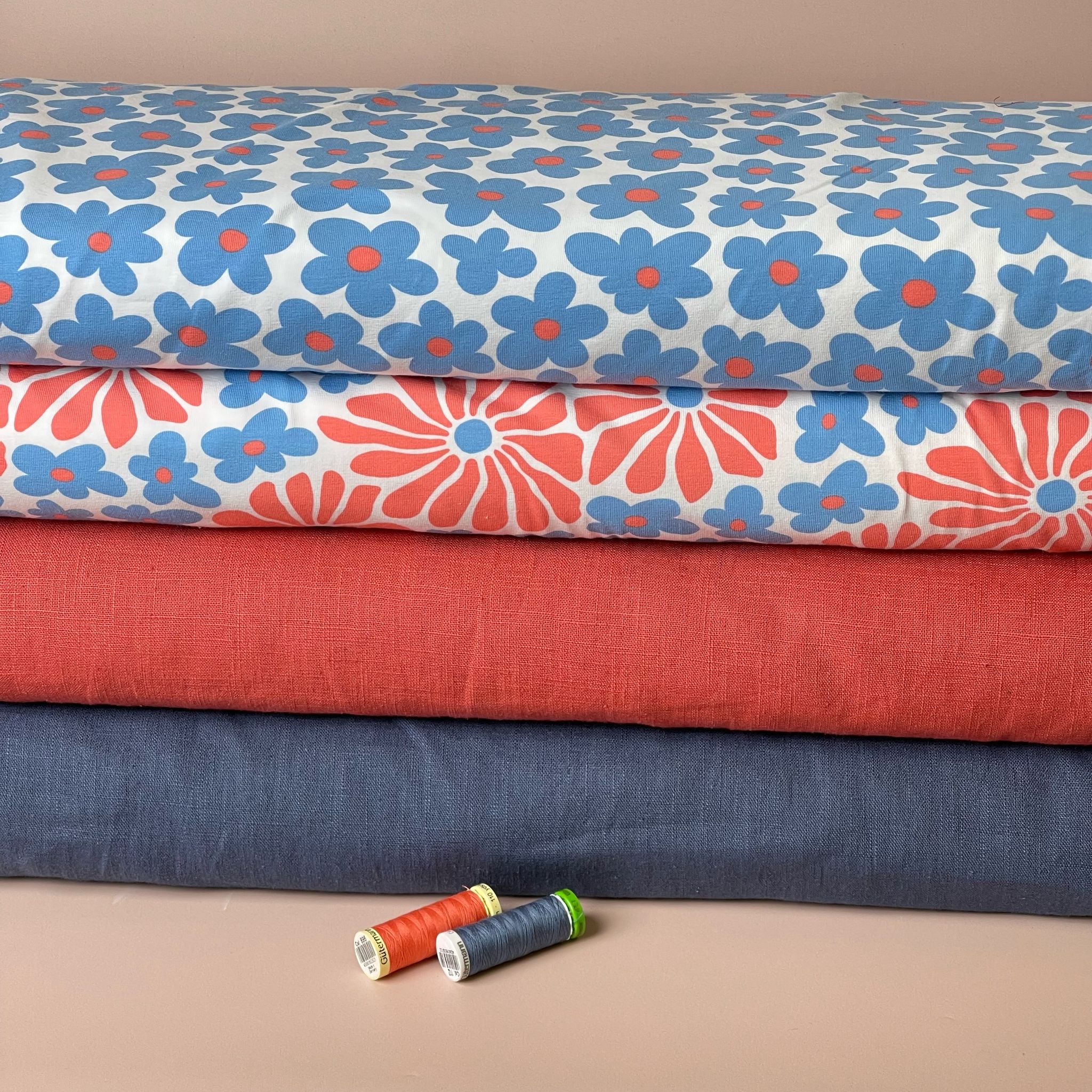 Retro Flowers in Blue and Orange Cotton Jersey Fabric