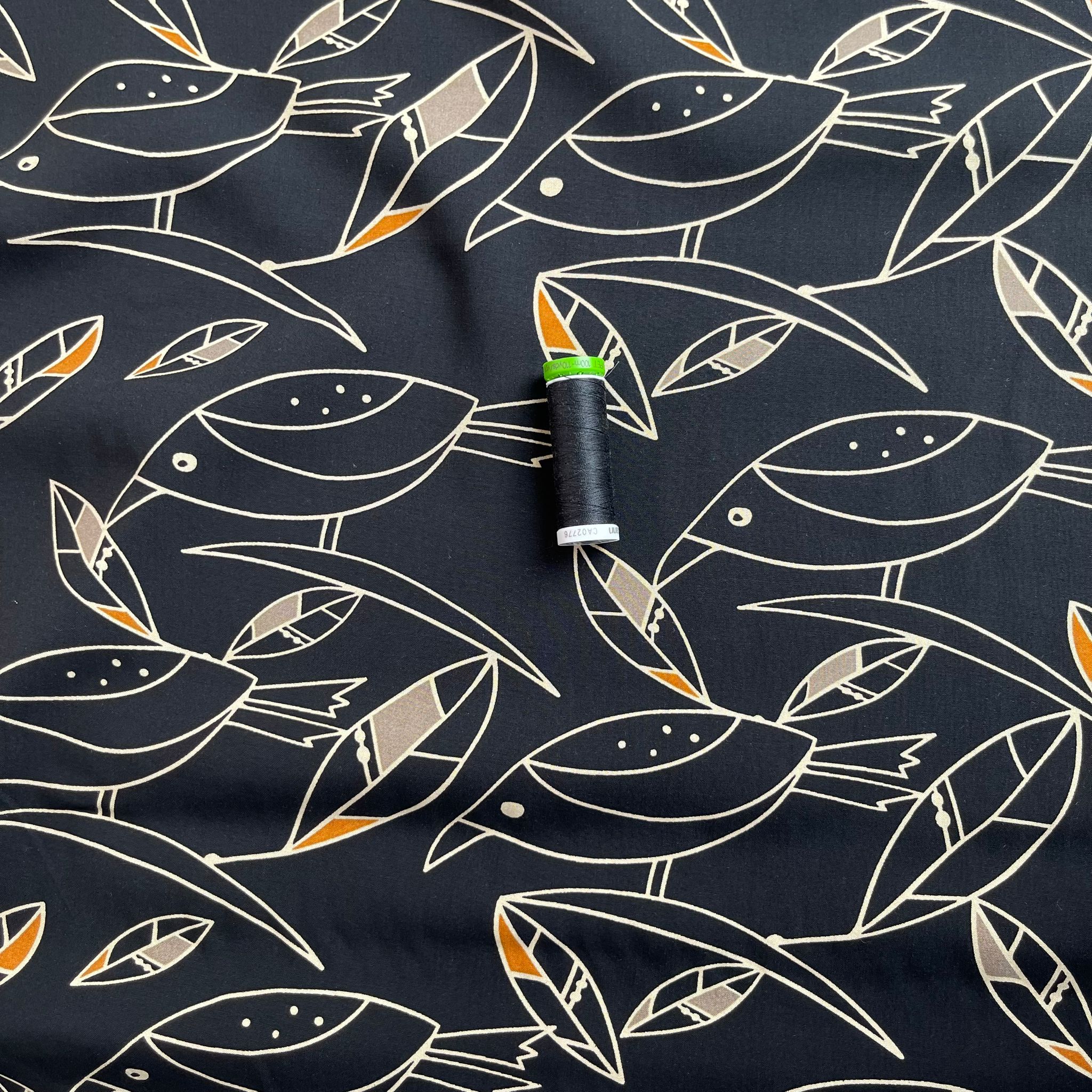 Graphic Birds Orange on Black Viscose Poplin Fabric