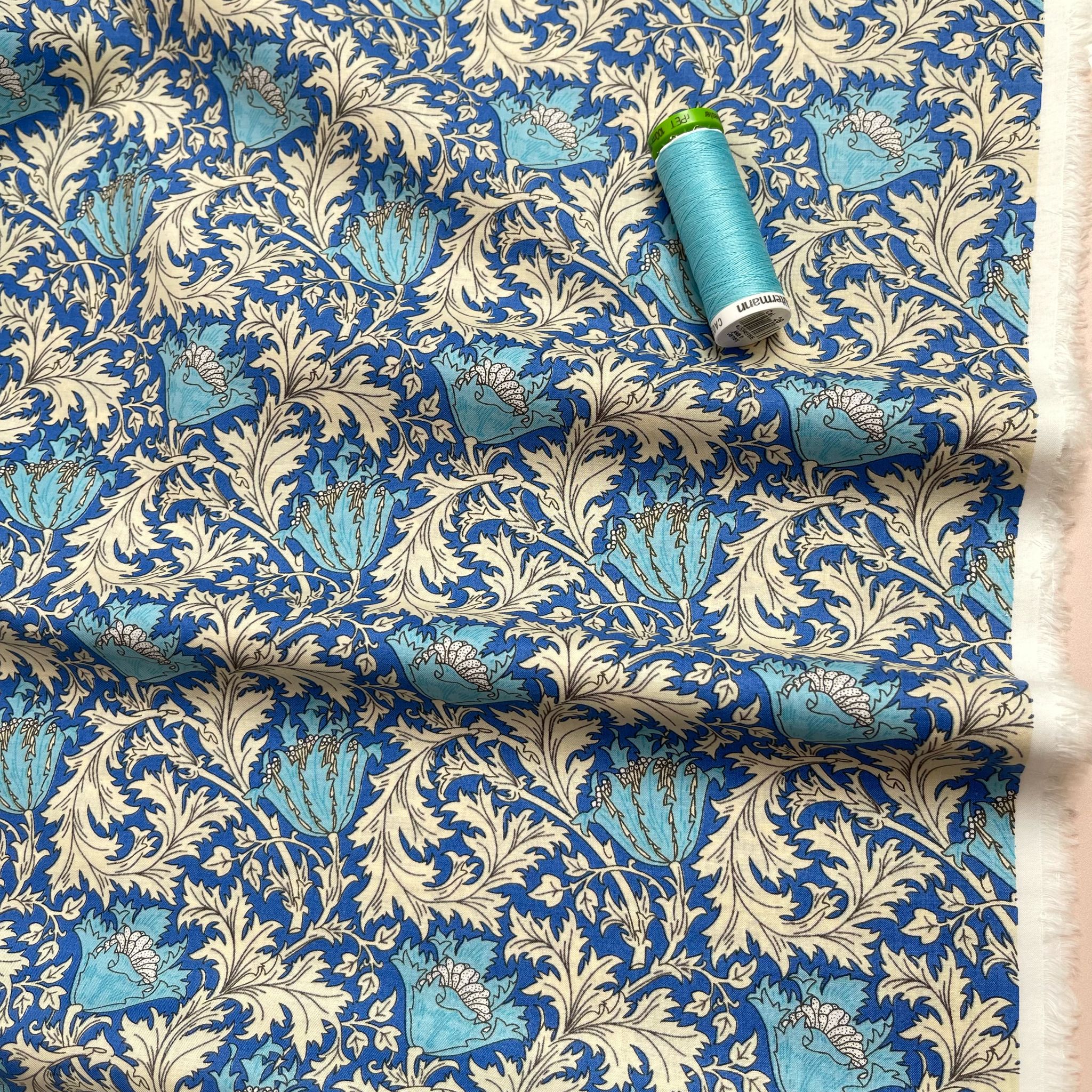 Morris Leaves on Blue Cotton Lawn Fabric