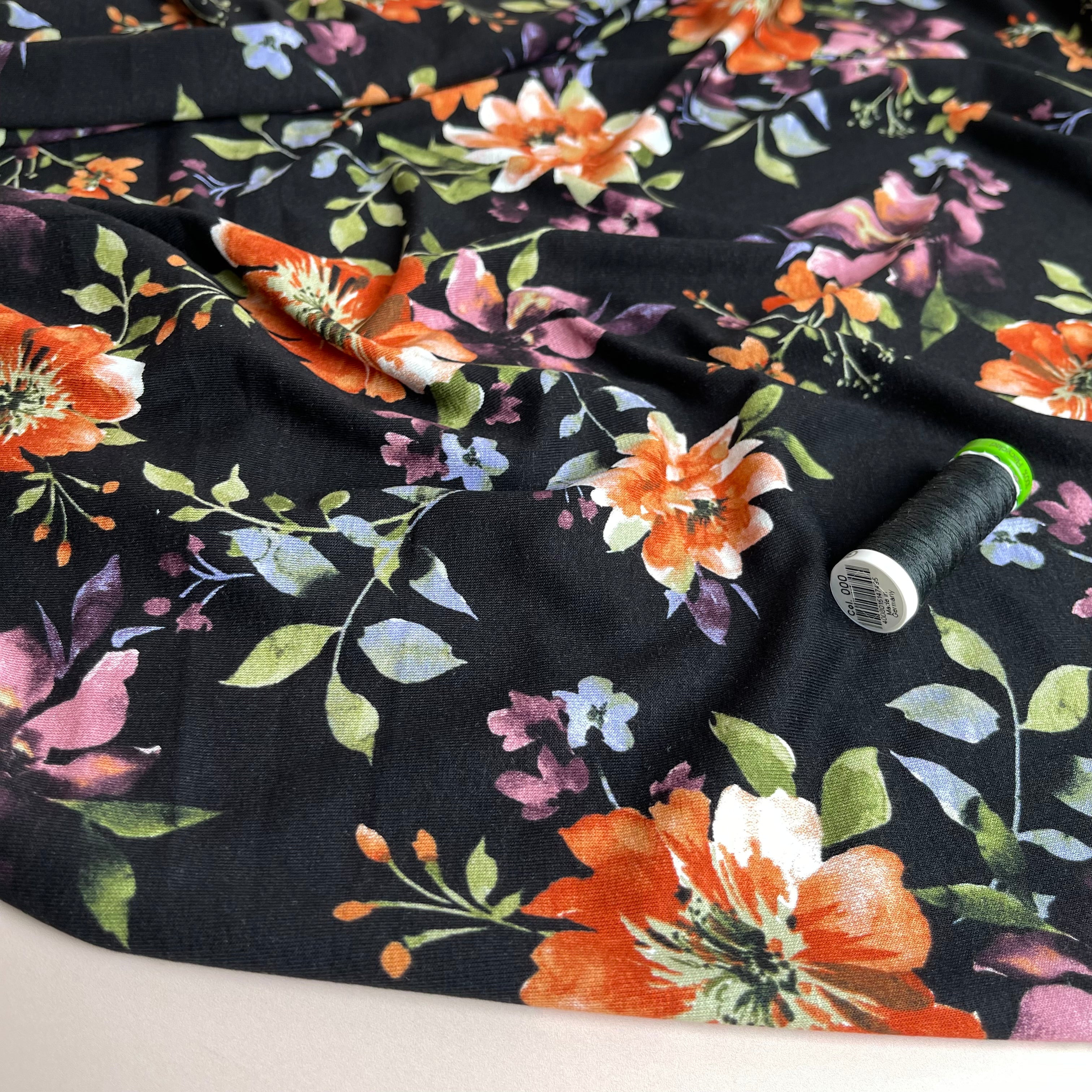 Watercolour Bouquet on Black Viscose Jersey Fabric