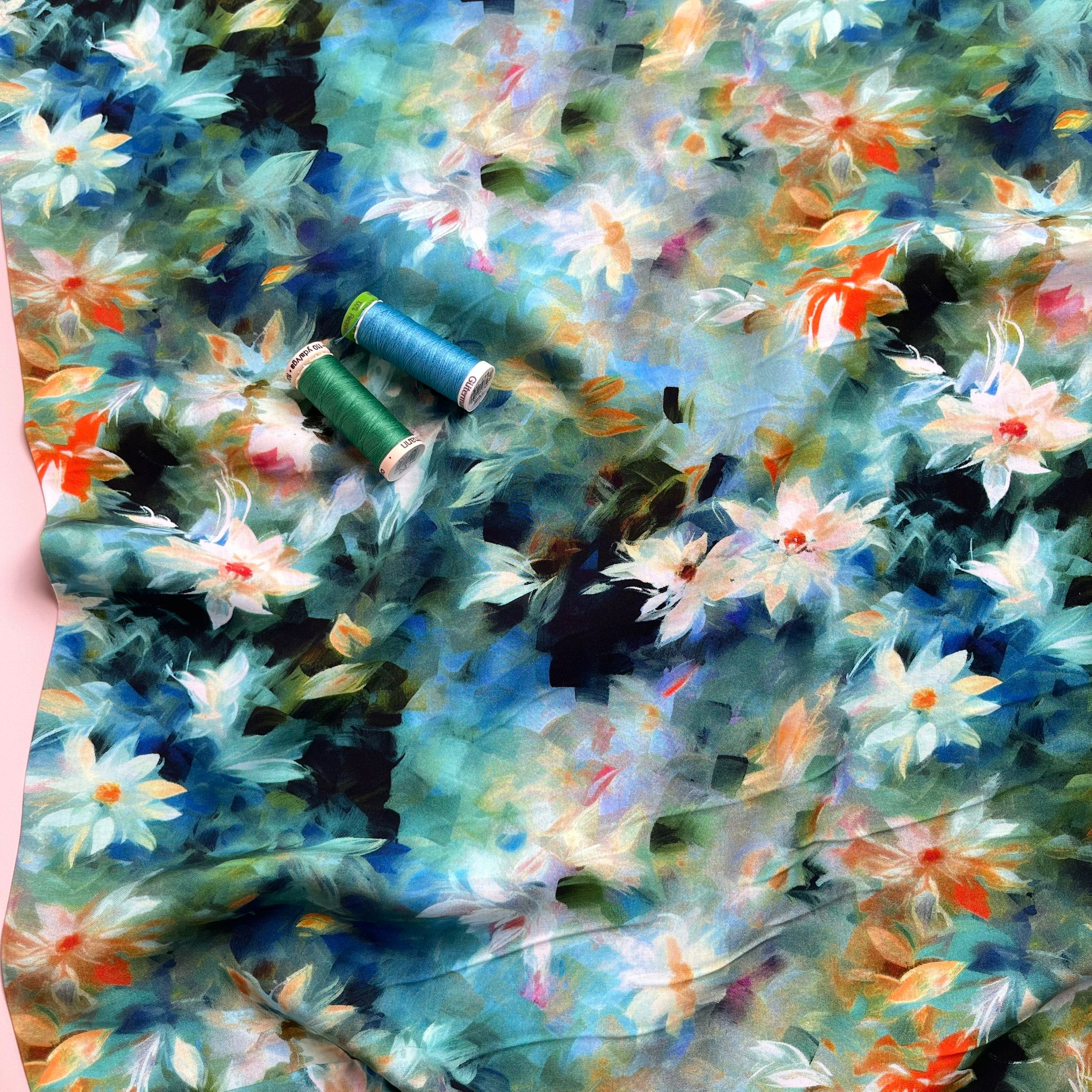 Watercolour Florals Teal Viscose Poplin Fabric