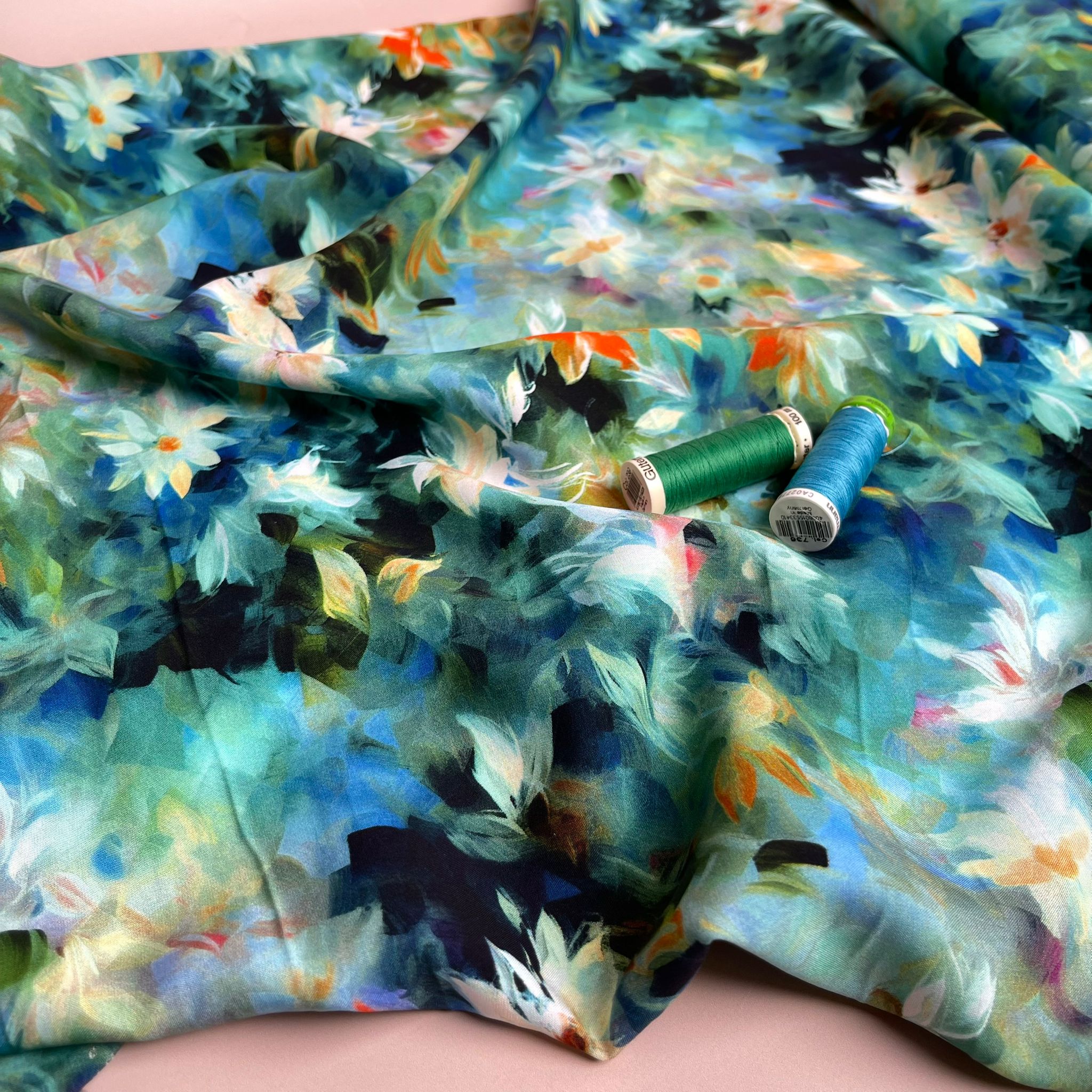Watercolour Florals Teal Viscose Poplin Fabric