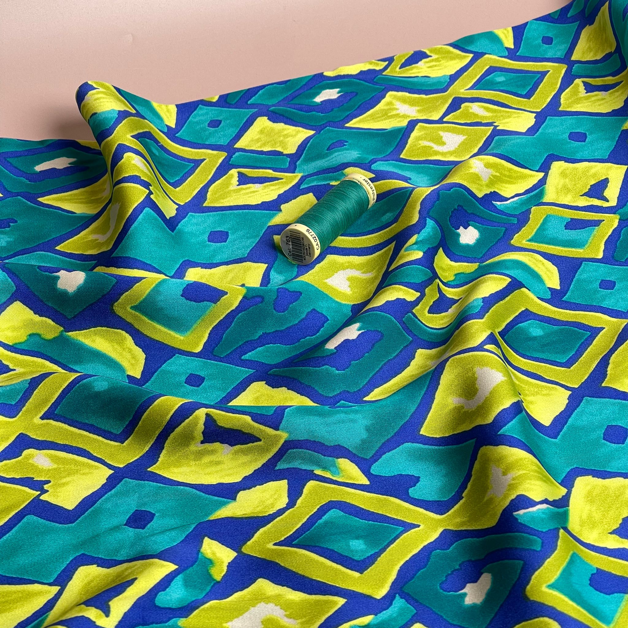 REMNANT 0.43 Metre - Painted Ocean Waves Diamonds Viscose Sateen Fabric