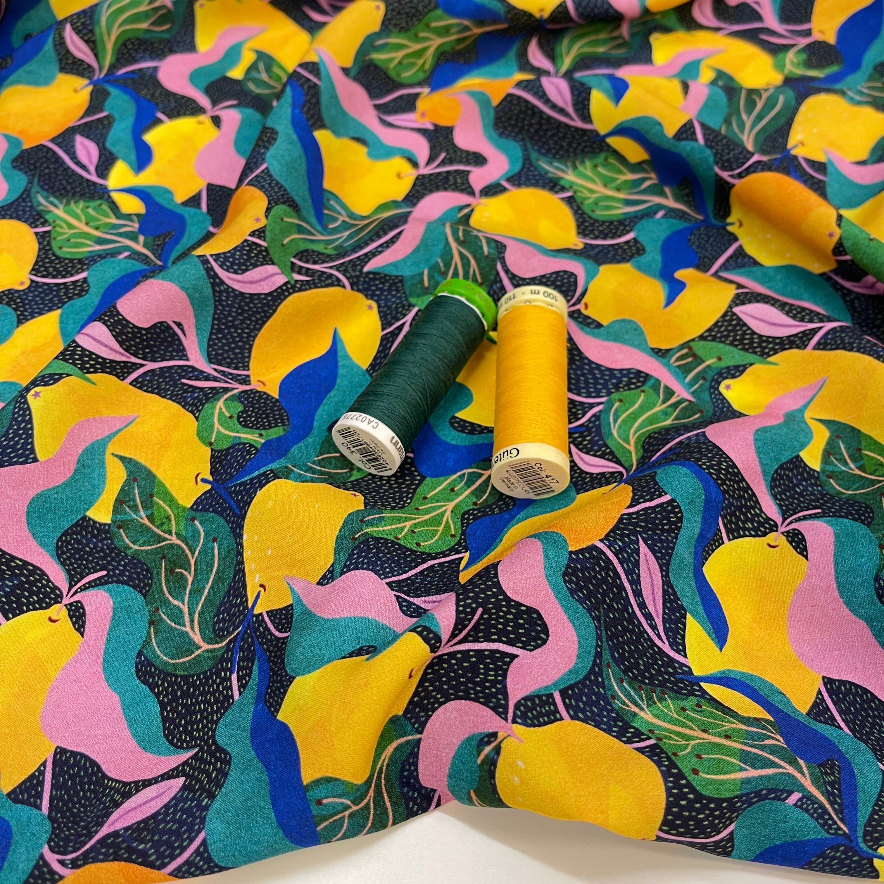 Adventure - Mediterranean Lemons Viscose in Dark Navy & Green