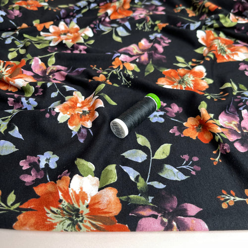 Watercolour Bouquet on Black Viscose Jersey Fabric