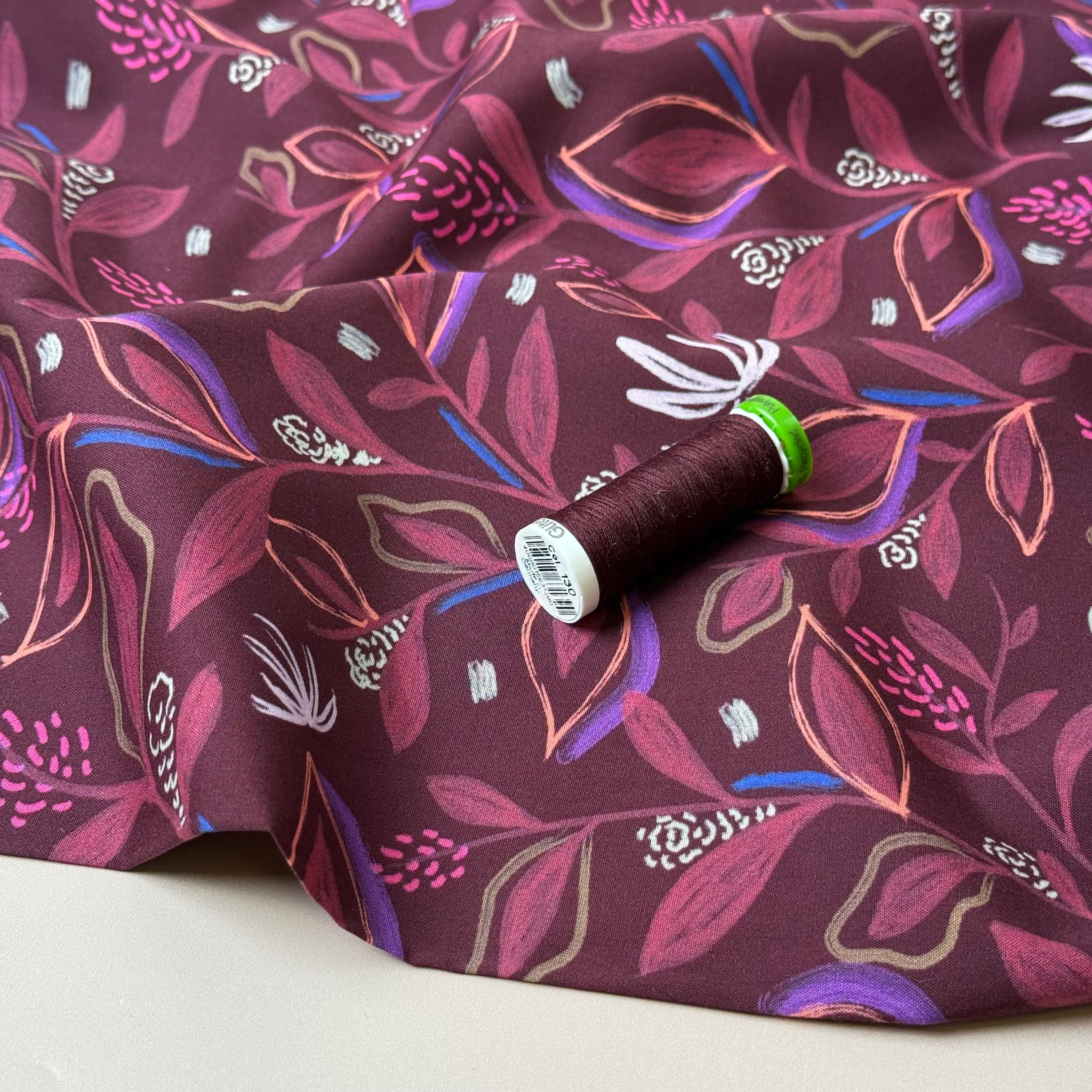 Flowering Branches in Pomegranate Fine Cotton Poplin Fabric