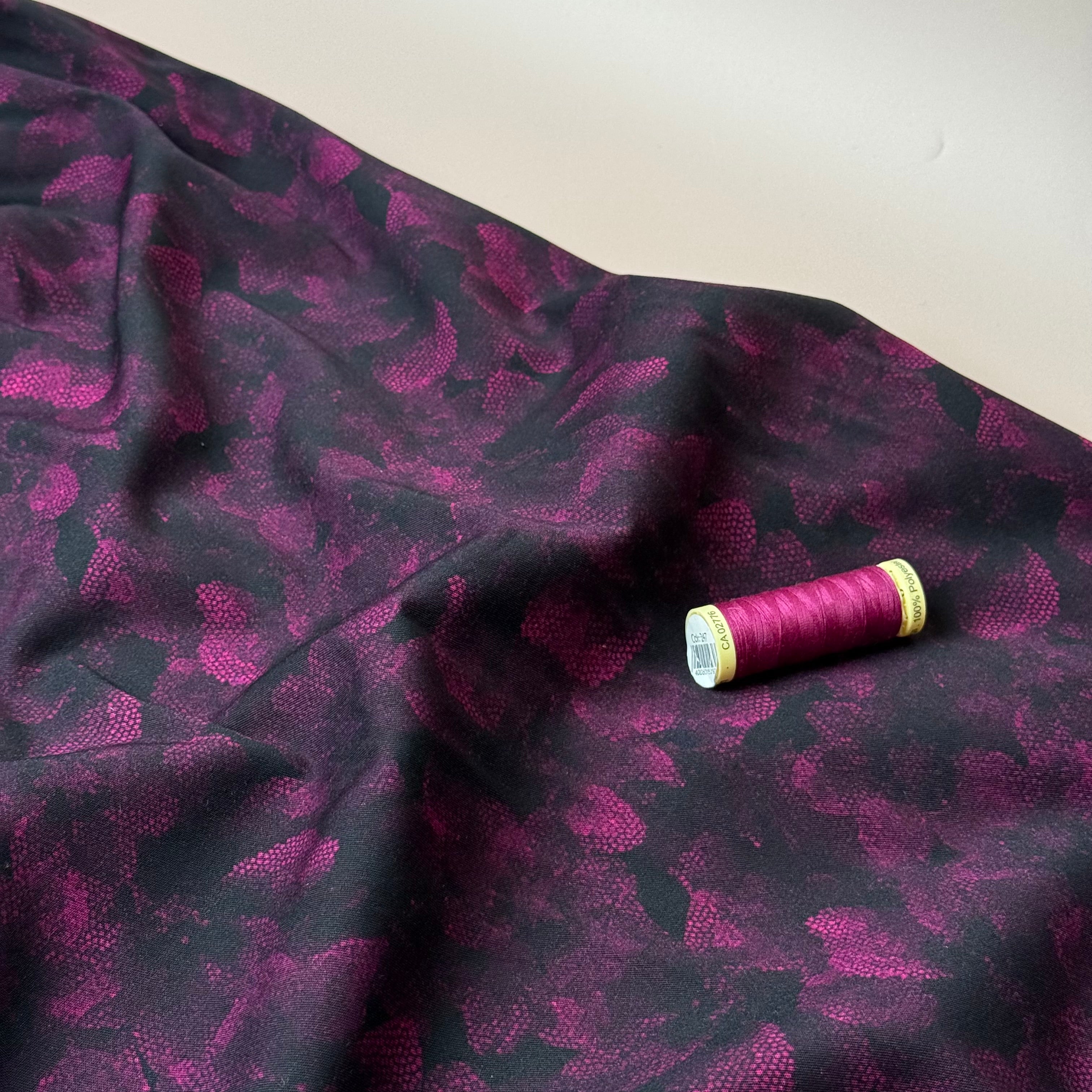 Magenta Flowers on Black Viscose Twill with Stretch