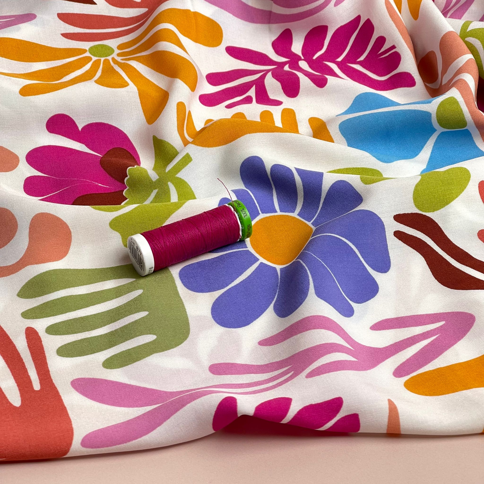Pastel Rainbow Vacation Flowers Viscose Poplin Fabric