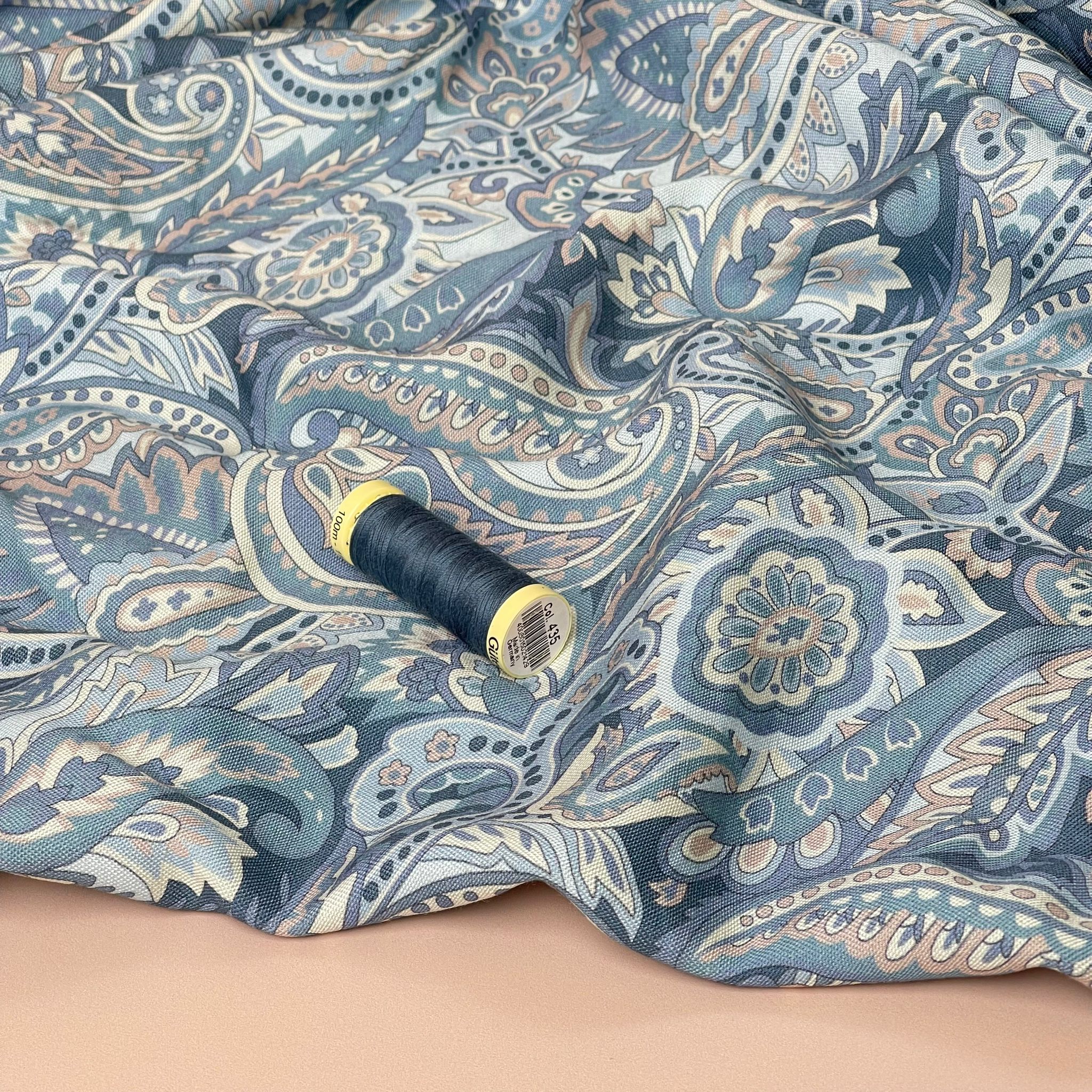 REMNANT 1.75 Metres - Denim Paisley Viscose Linen Fabric