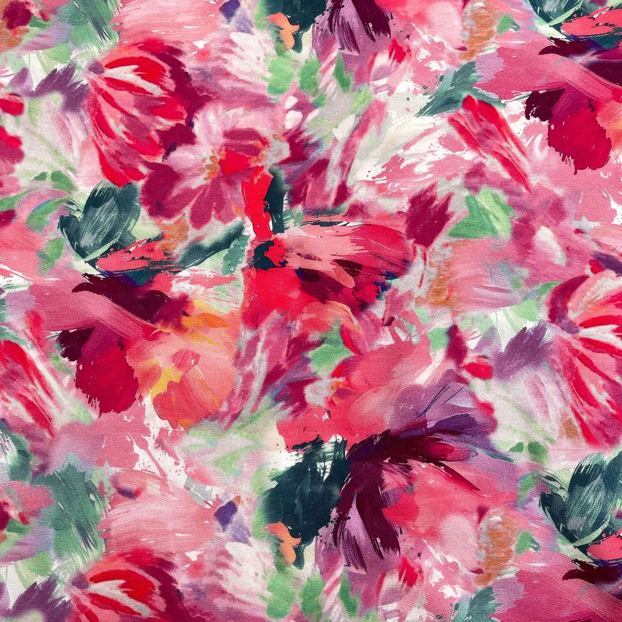 REMNANT 0.92 Metre - Painted Fuchsia Blooms Cotton French Terry