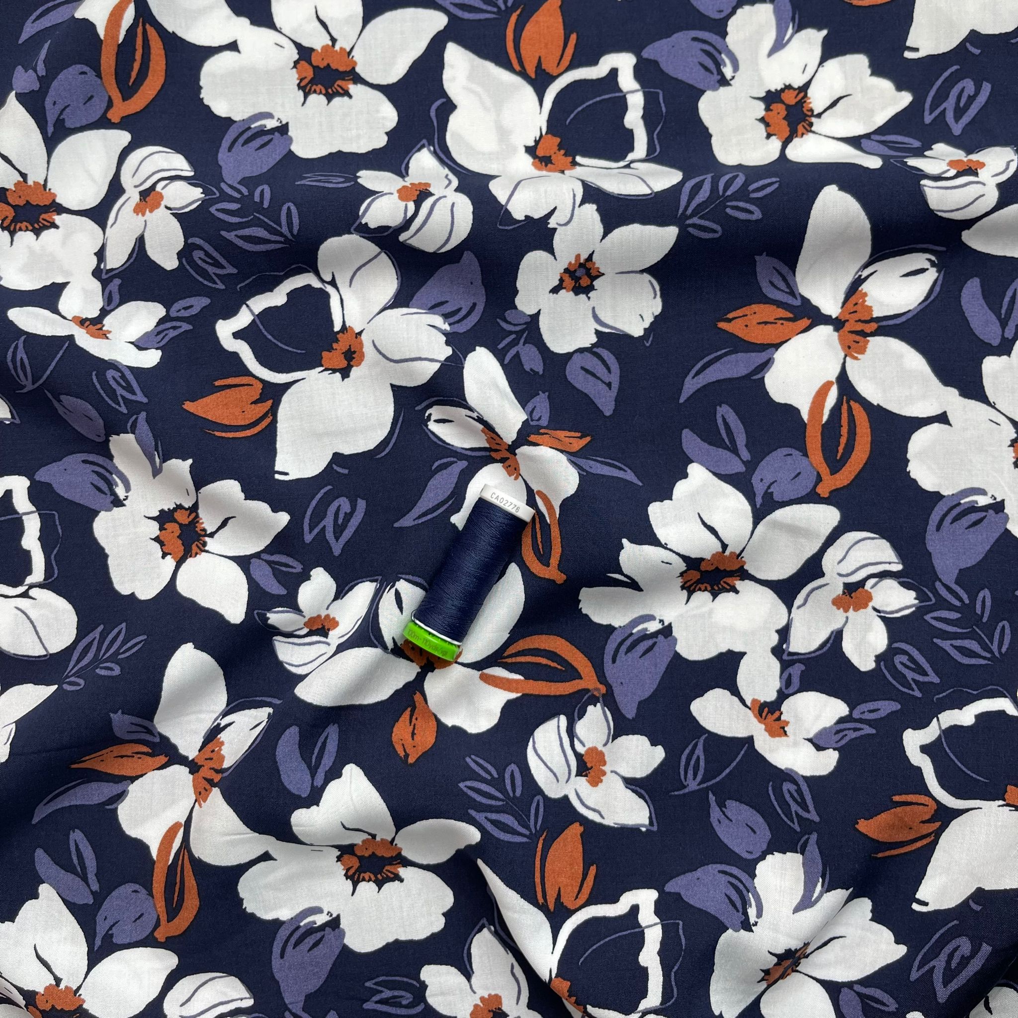 REMNANT 0.5 Metre - White Flowers on Navy Viscose Fabric