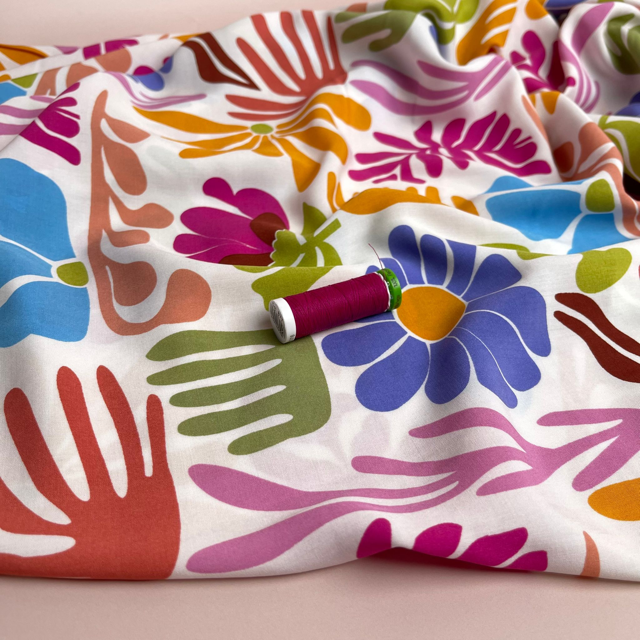 Pastel Rainbow Vacation Flowers Viscose Poplin Fabric