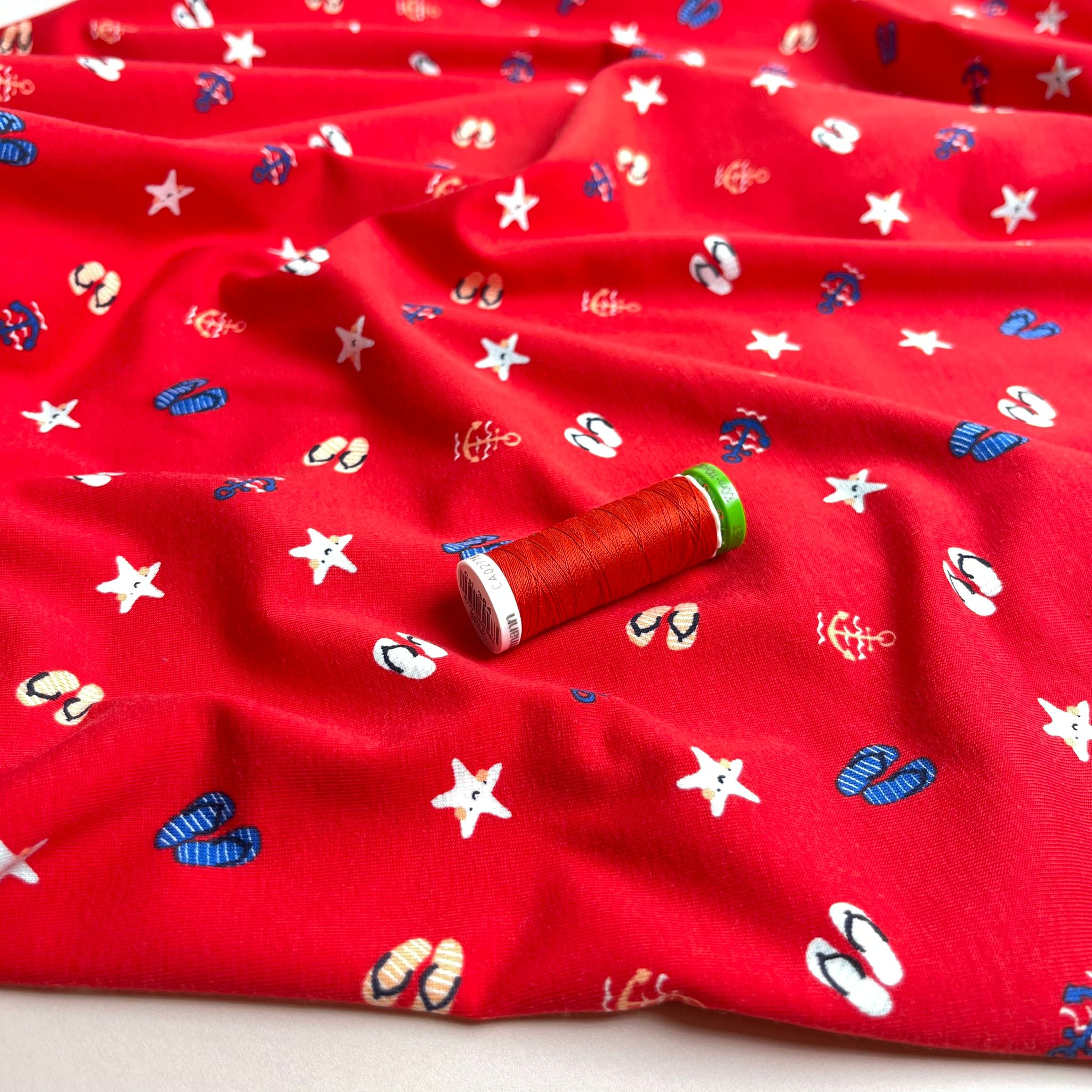 REMNANT 1.75 Metres - At The Beach Red Cotton Jersey Fabric