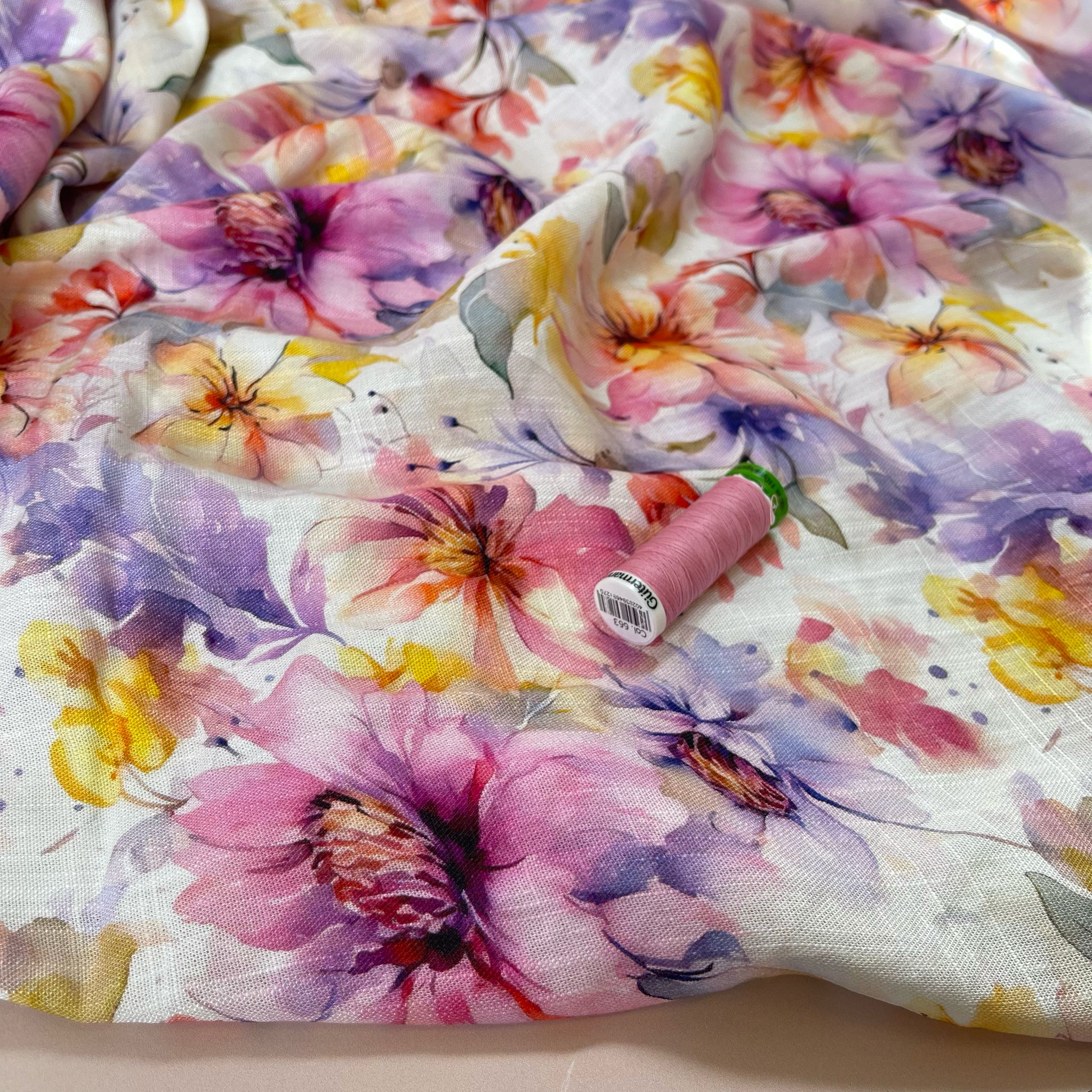 REMNANT 0.75 Metre - Watercolour Blooms Viscose Linen Fabric