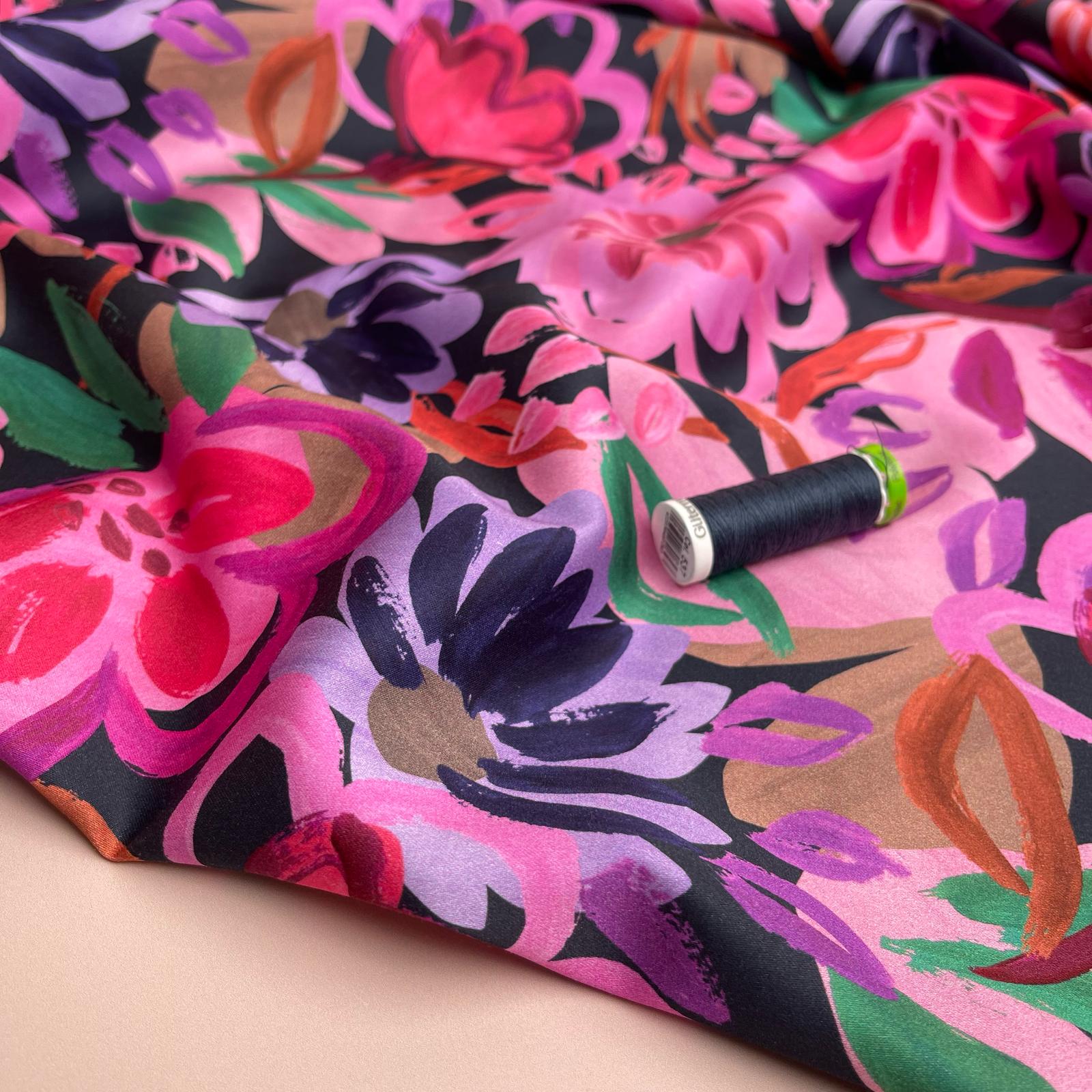 Painted Spring Garden on Dark Navy Cotton Sateen Fabric