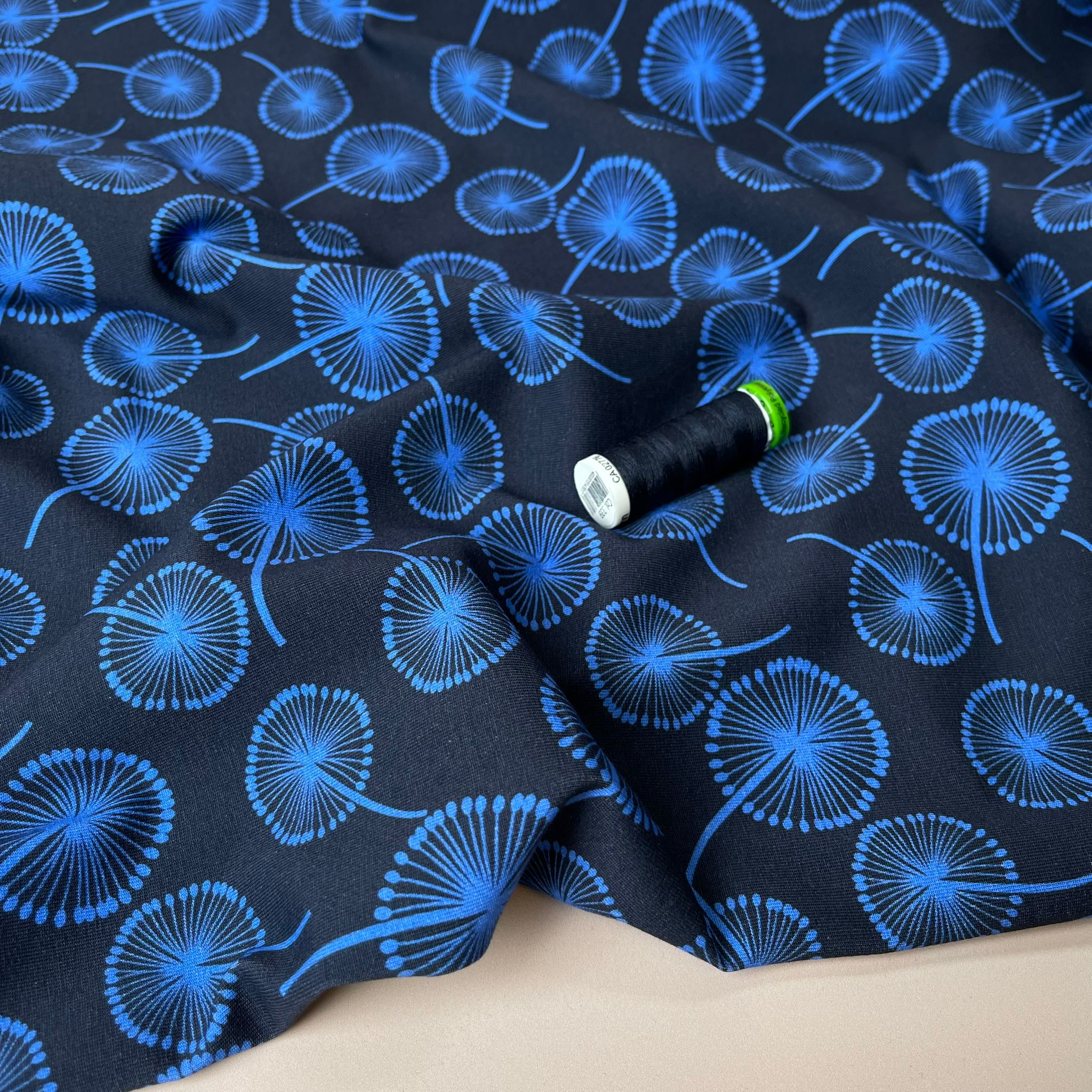 Danish Design - Cobalt Dandelions on Navy Cotton Jersey Fabric