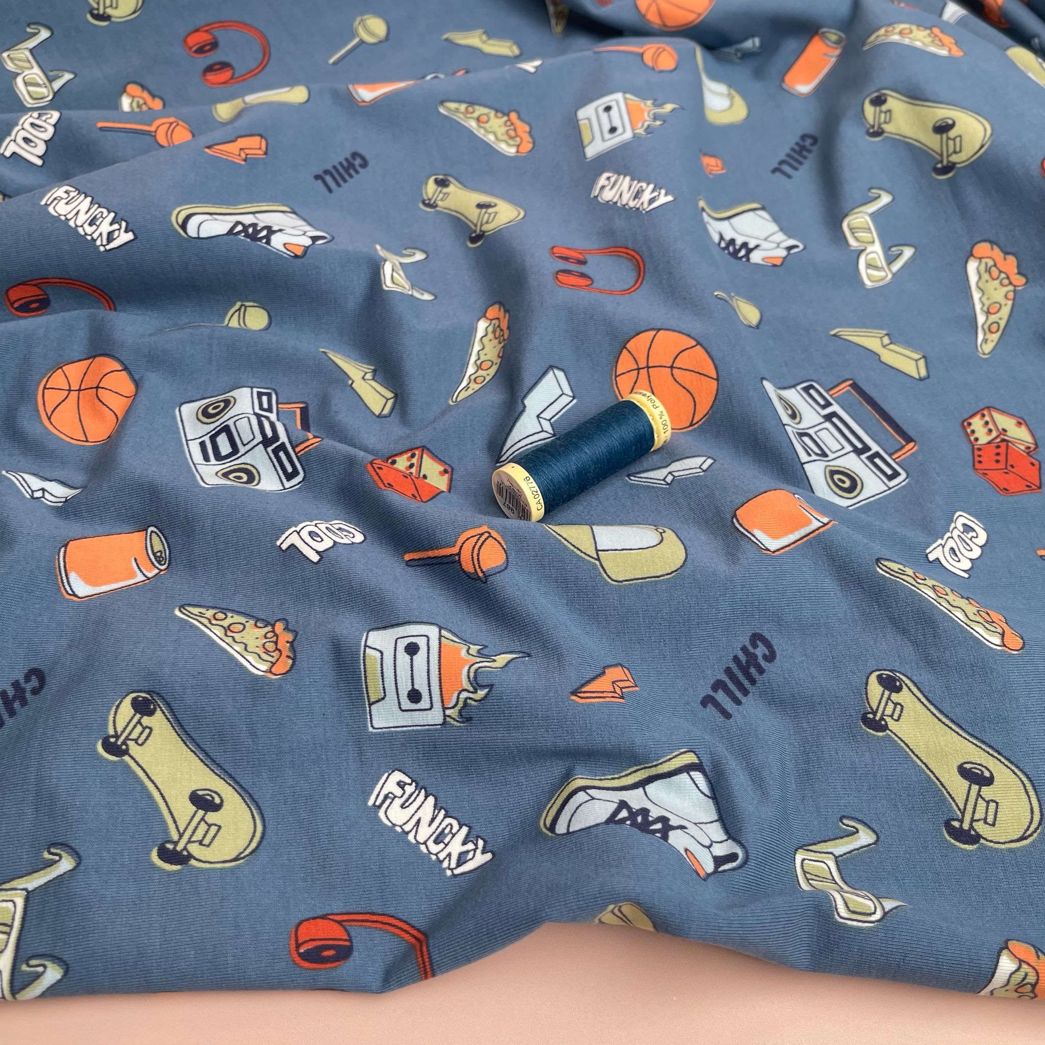 Cool Vibes on Blue Cotton Jersey Fabric