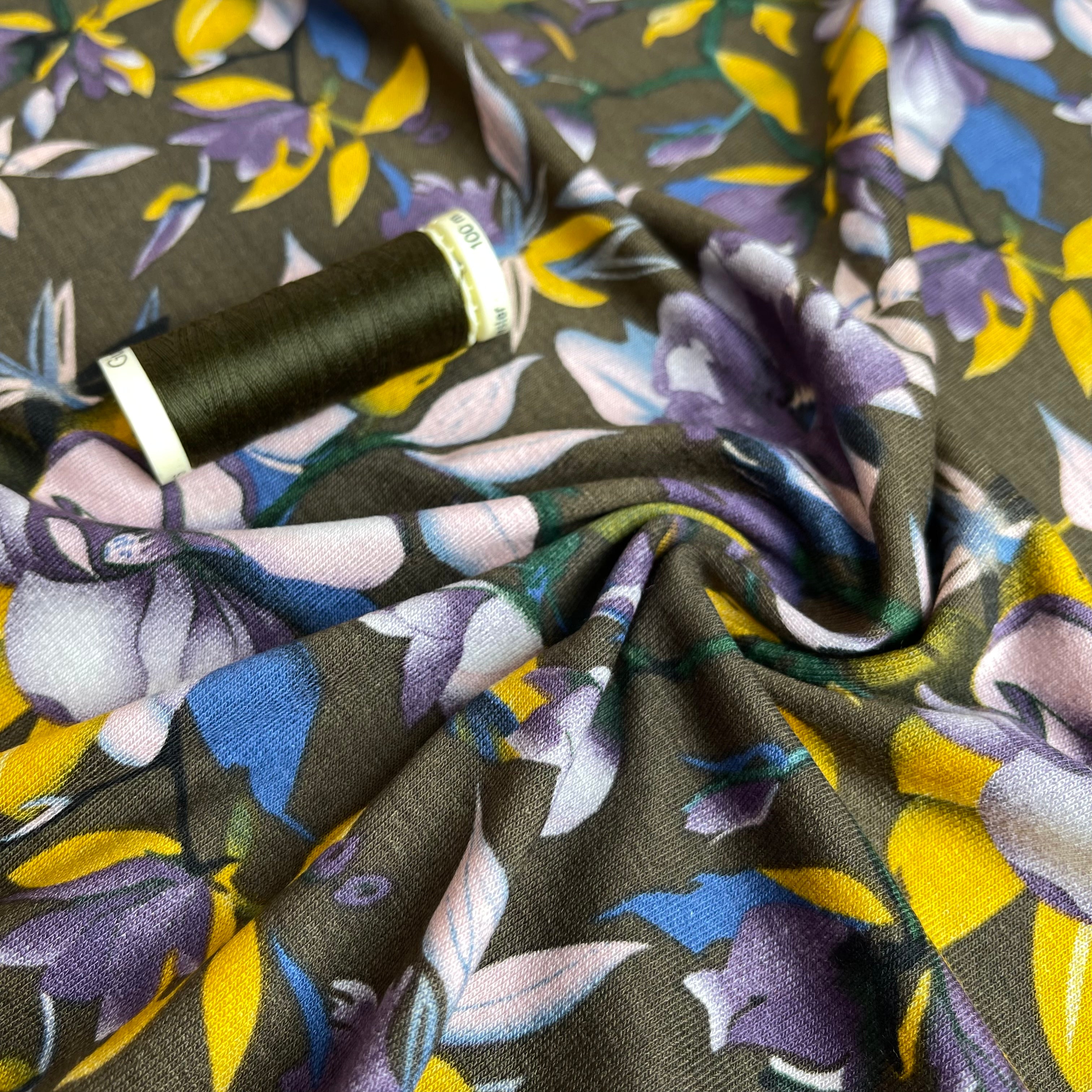 REMNANT 1.2 Metres - Purple Bouquet on Olive Viscose Jersey Fabric