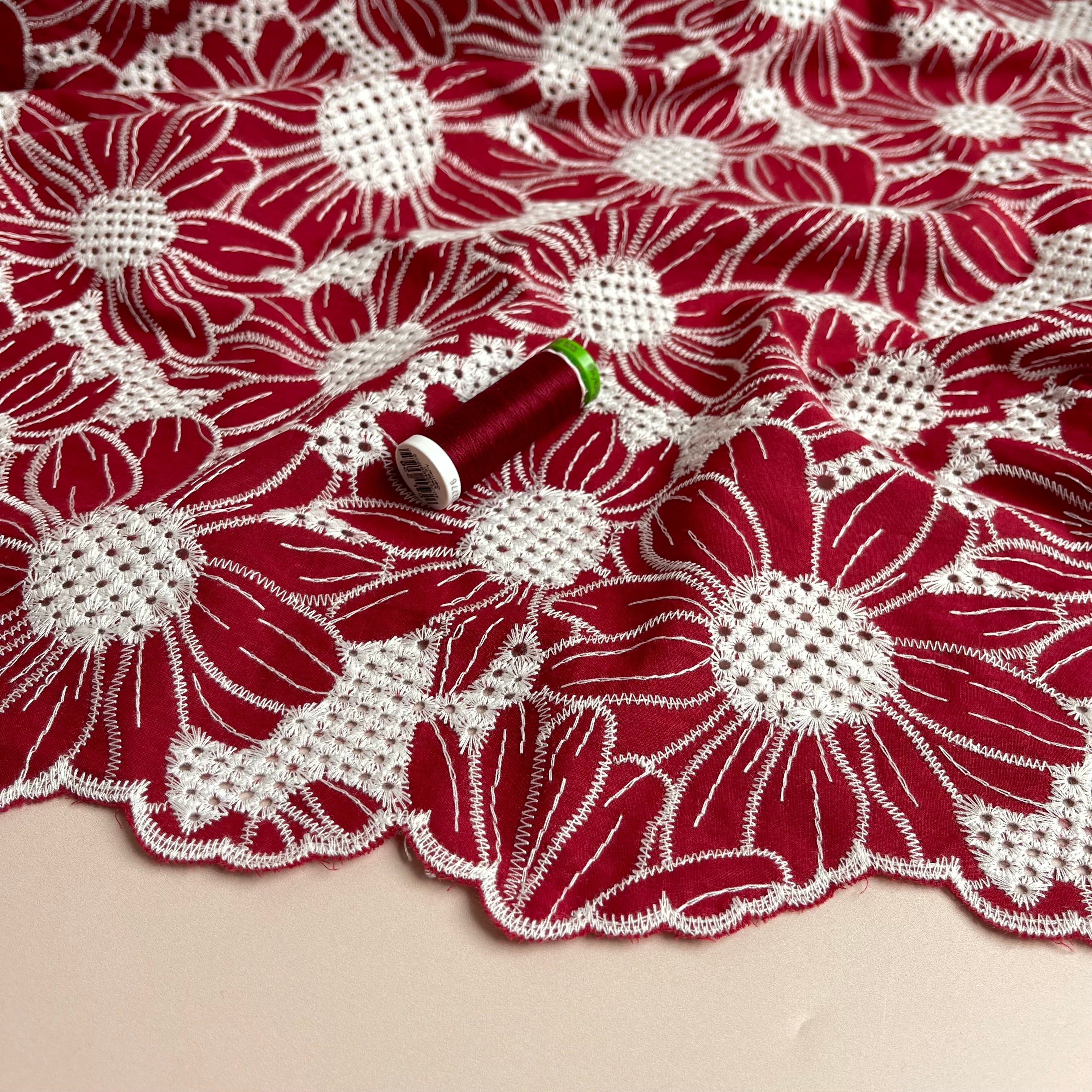 REMNANT 1.4 Metres - Scalloped Flowers Embroidered Cotton Fabric in Red