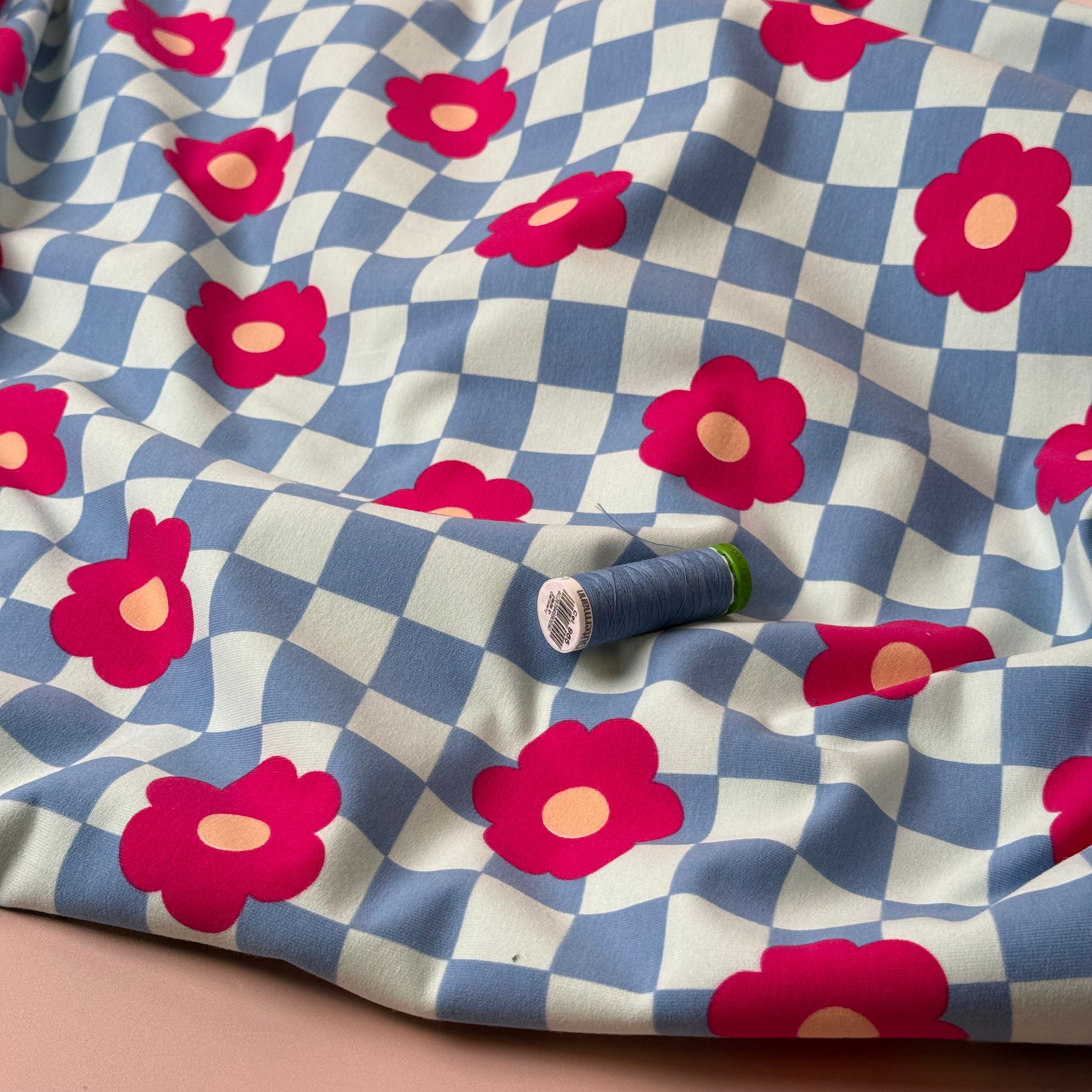 Gingham Flowers Blue Soft Cotton Sweat-shirting Fabric