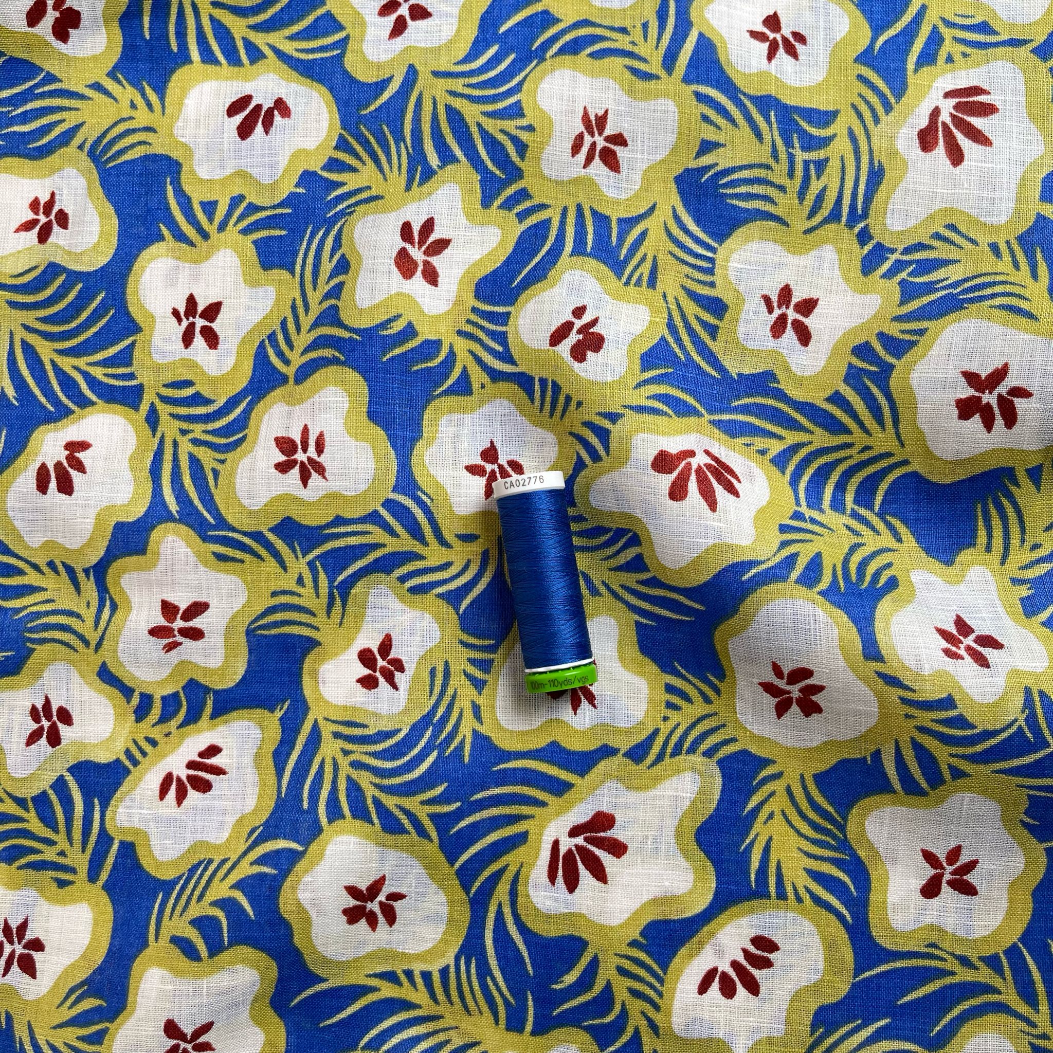 Ex-Designer Deadstock Tropical Fruits on Cobalt Pure Linen Fabric