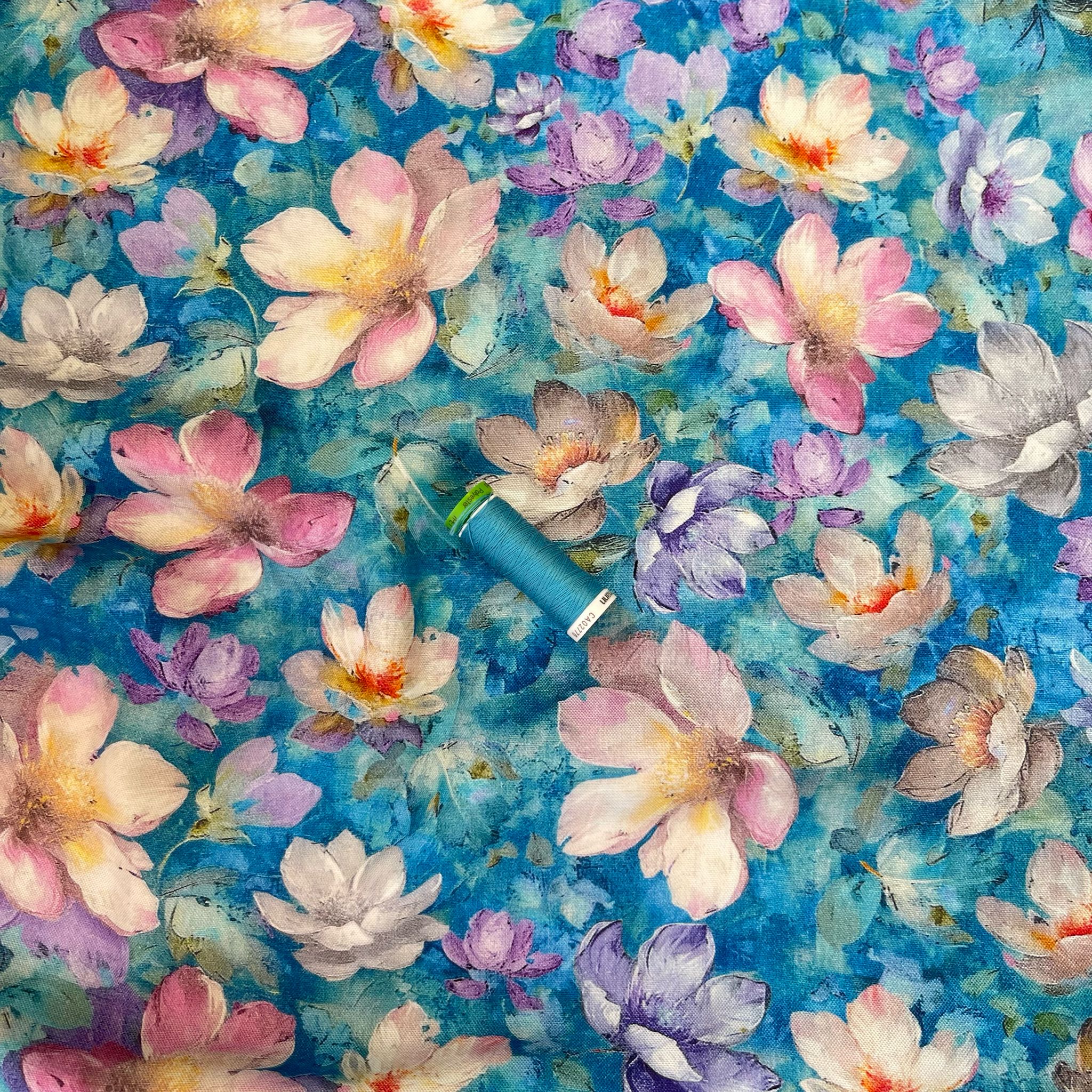 Painted Turquoise Flowers Viscose Linen Fabric