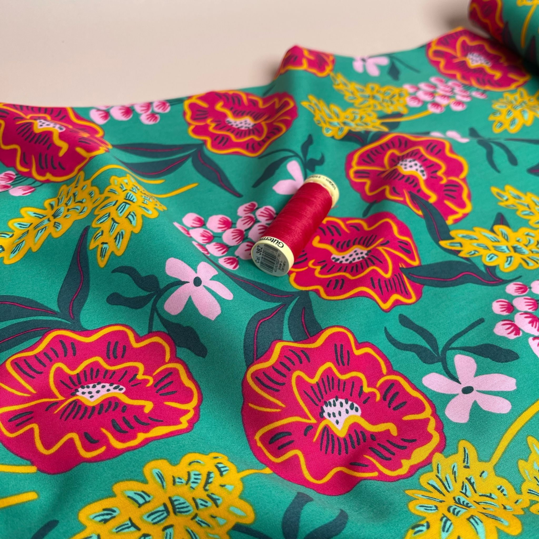 Nerida Hansen - Fresh Flowers on Green Cotton Poplin Fabric