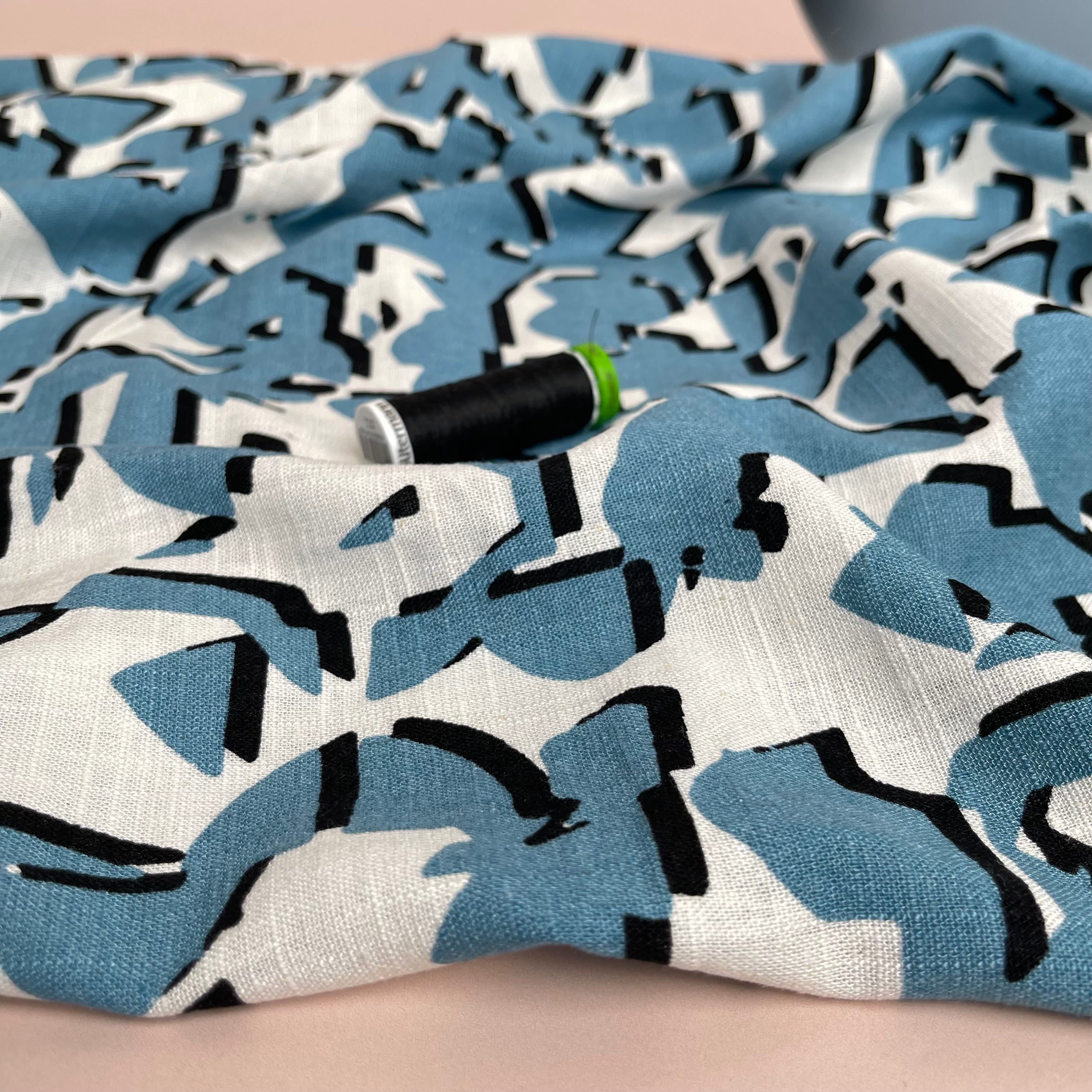 REMNANT 0.37 Metres (with faded patch) - Shapes Blue Linen Viscose Blend Fabric