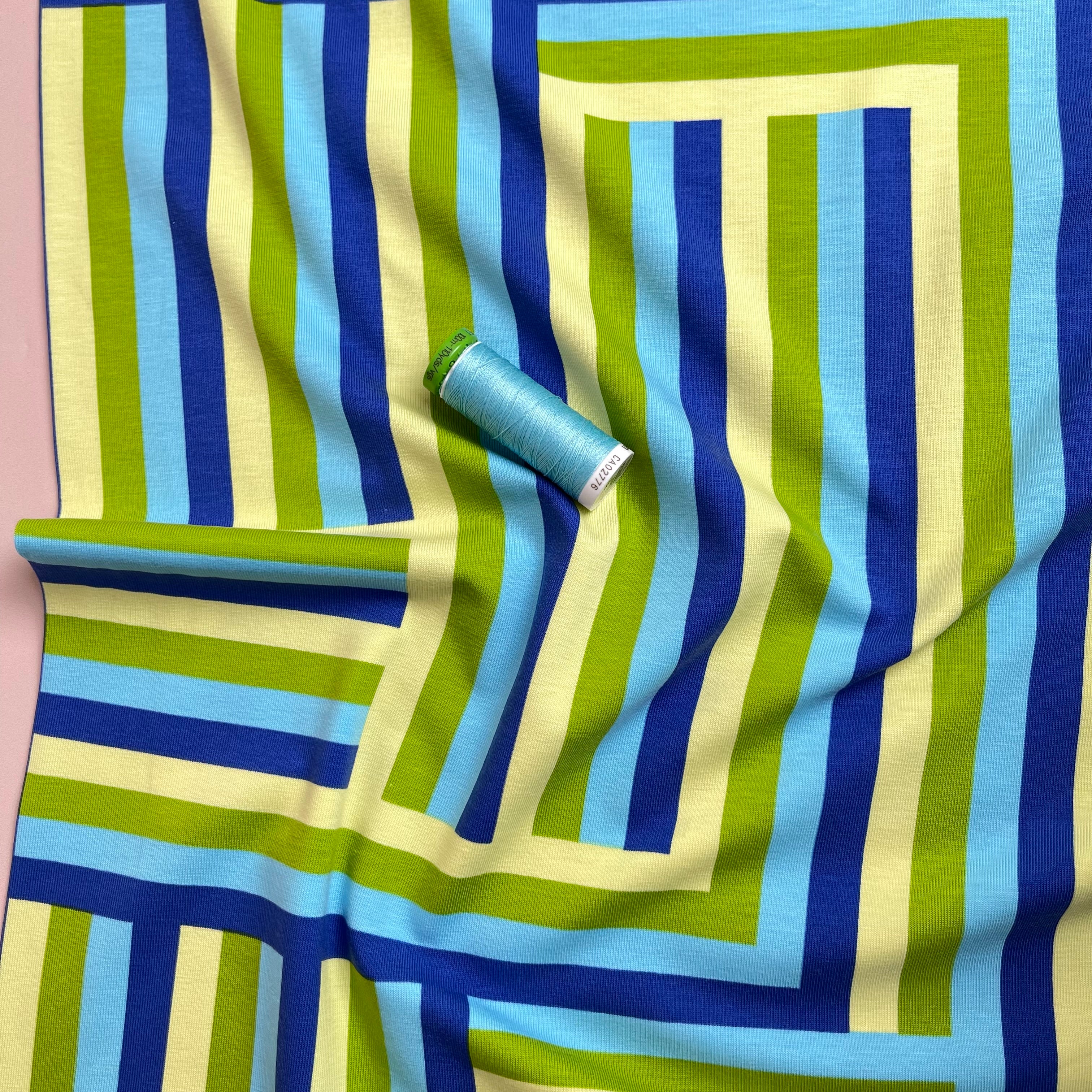 REMNANT 1.5 Metres - Rainbow Maze Turquoise Cotton Jersey Fabric
