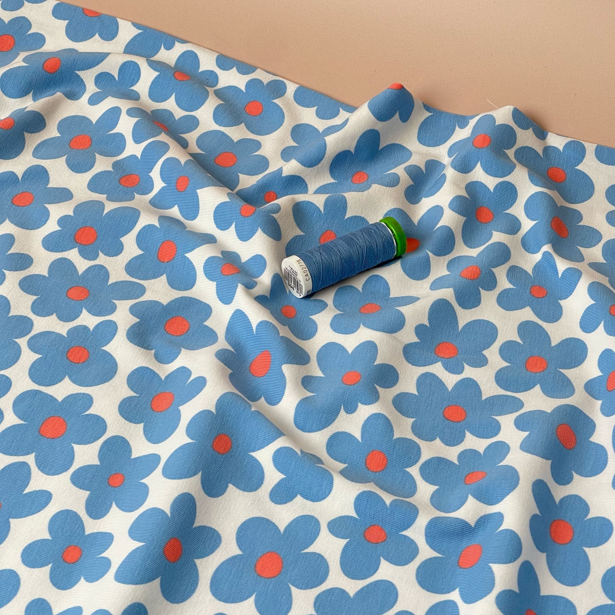 Fun Flowers in Blue Cotton Jersey Fabric