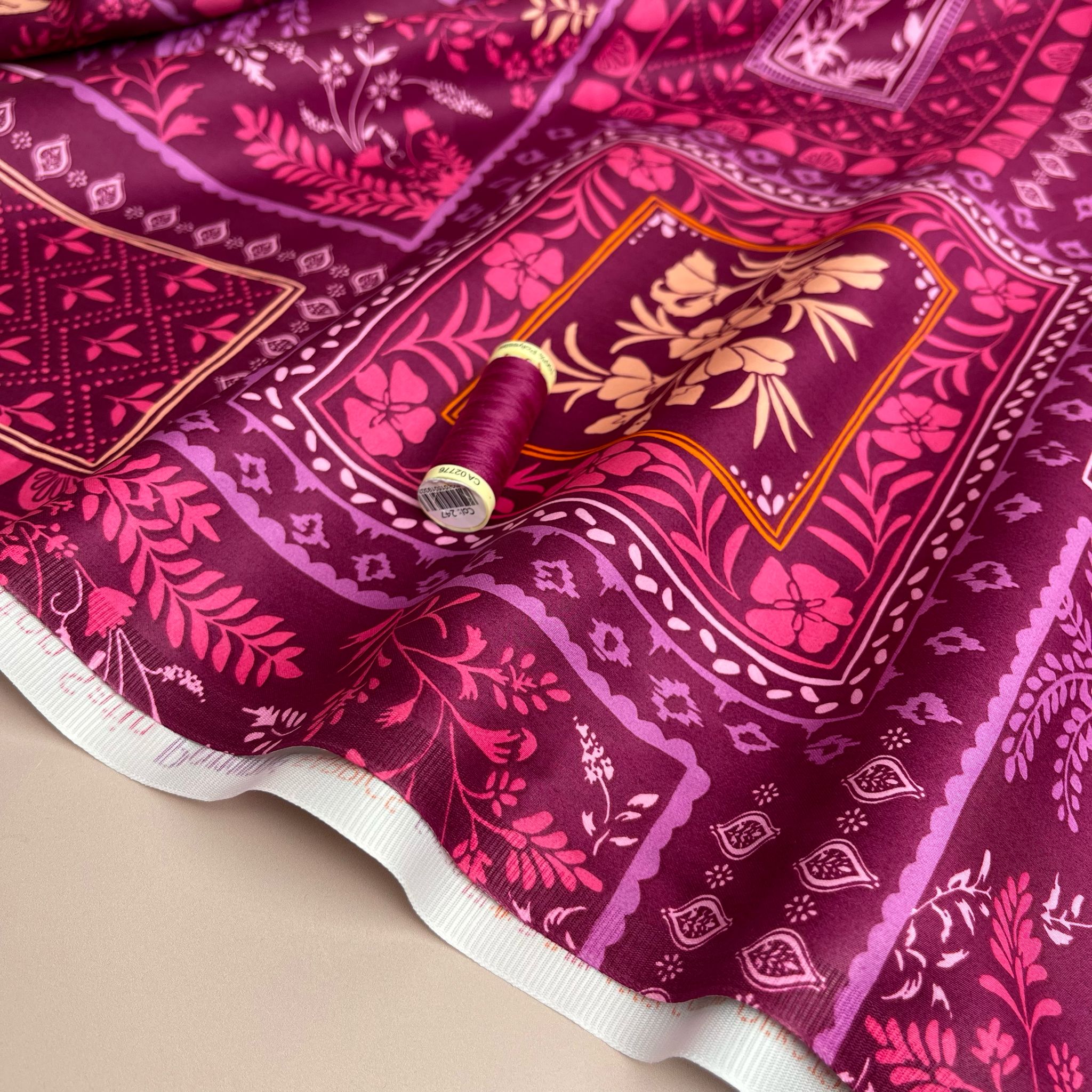Patchwork Foliage Fuchsia Cotton Sateen Fabric