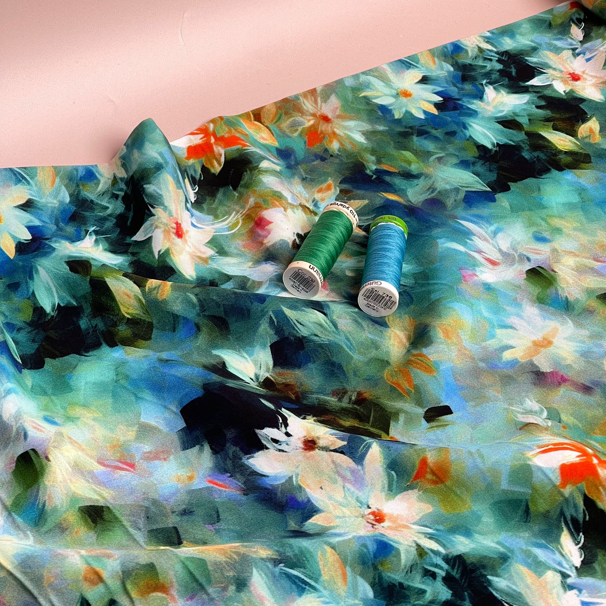 Watercolour Florals Teal Viscose Poplin Fabric