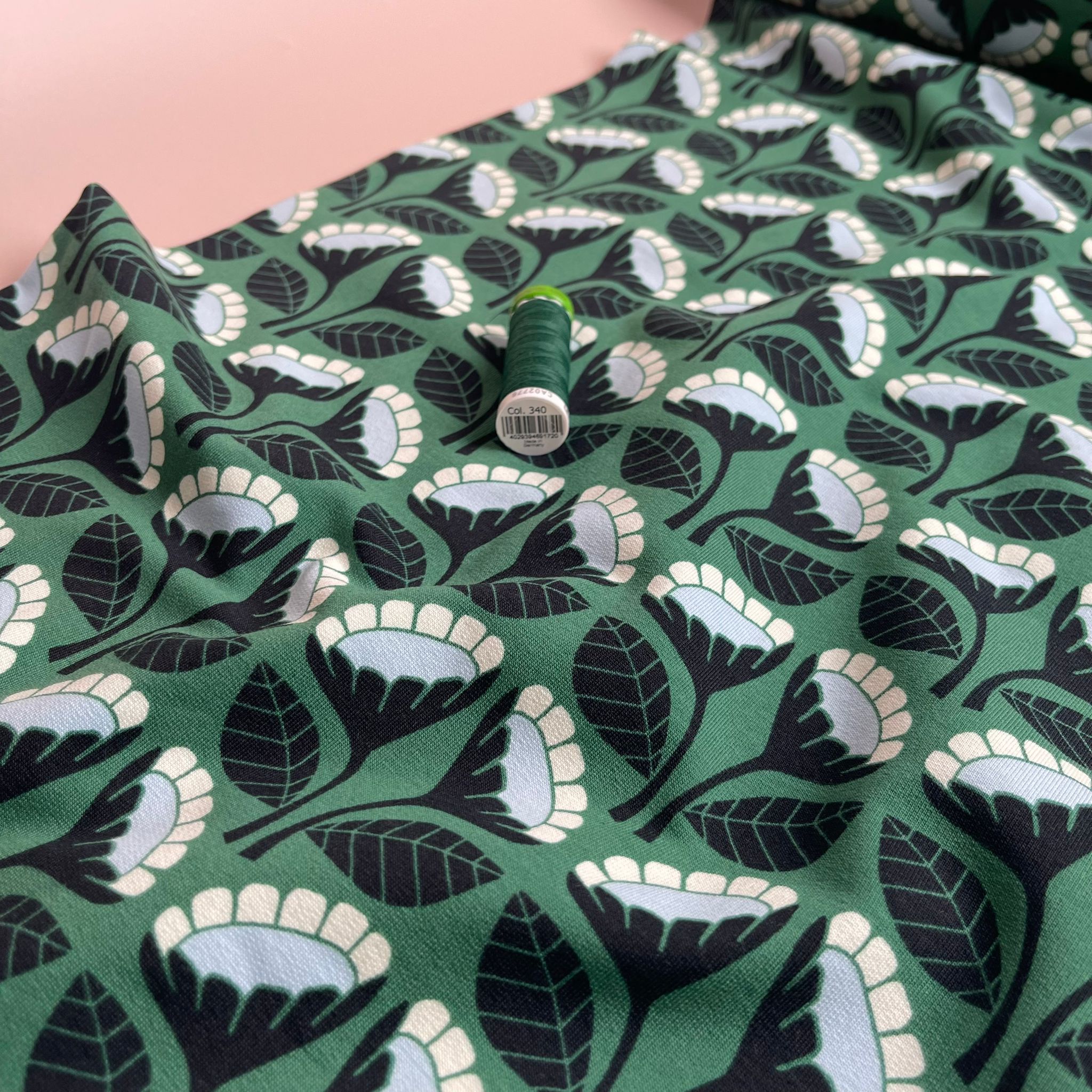 REMNANT 2.10 Metres - Monochrome Flowers on Emerald Green Cotton French Terry