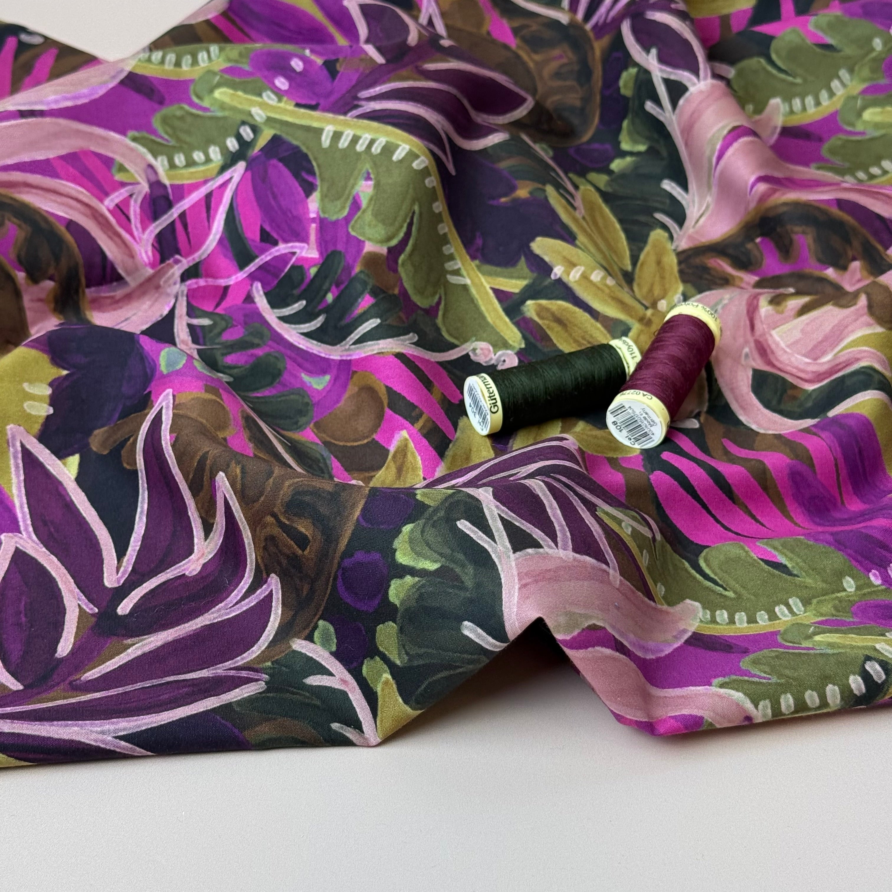 Tropical Foliage Magenta Cotton Viscose Fabric