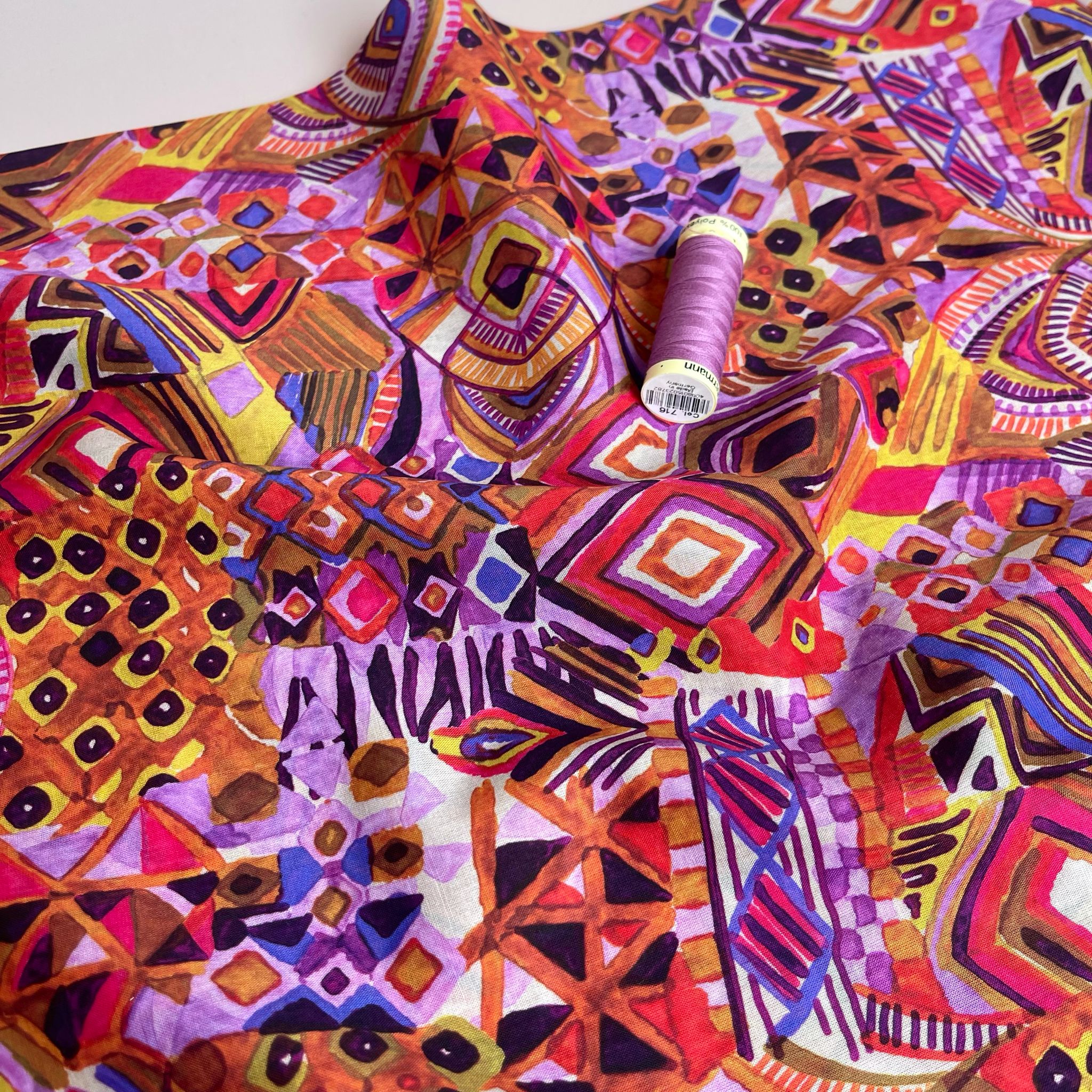 REMNANT 1.6 Metres - Painted Autumn Aztec Cotton Voile Fabric