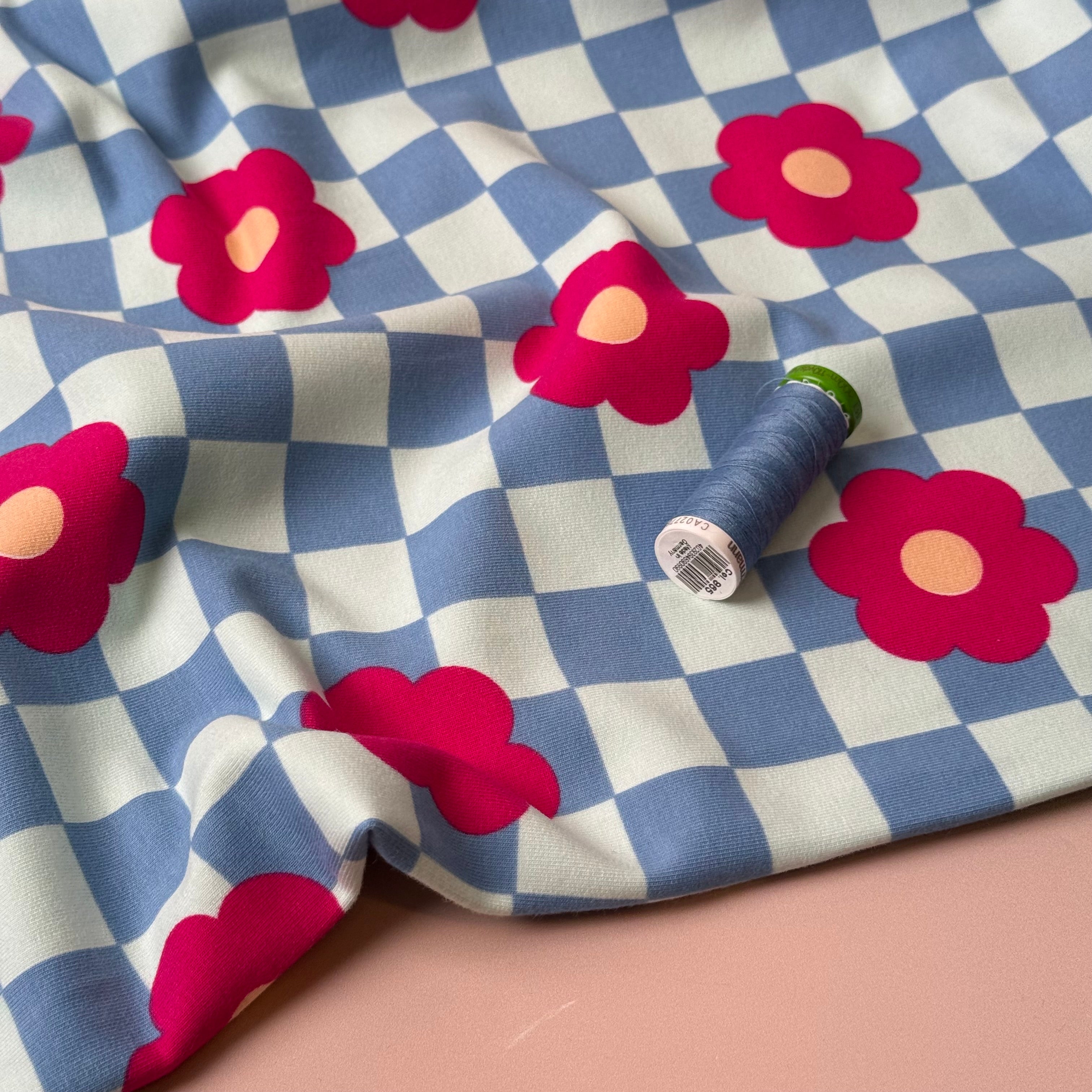 Gingham Flowers Blue Soft Cotton Sweat-shirting Fabric