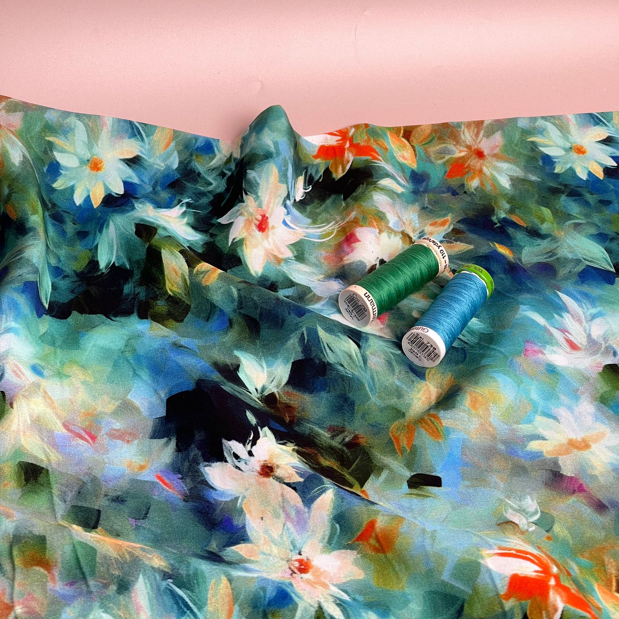 Watercolour Florals Teal Viscose Poplin Fabric
