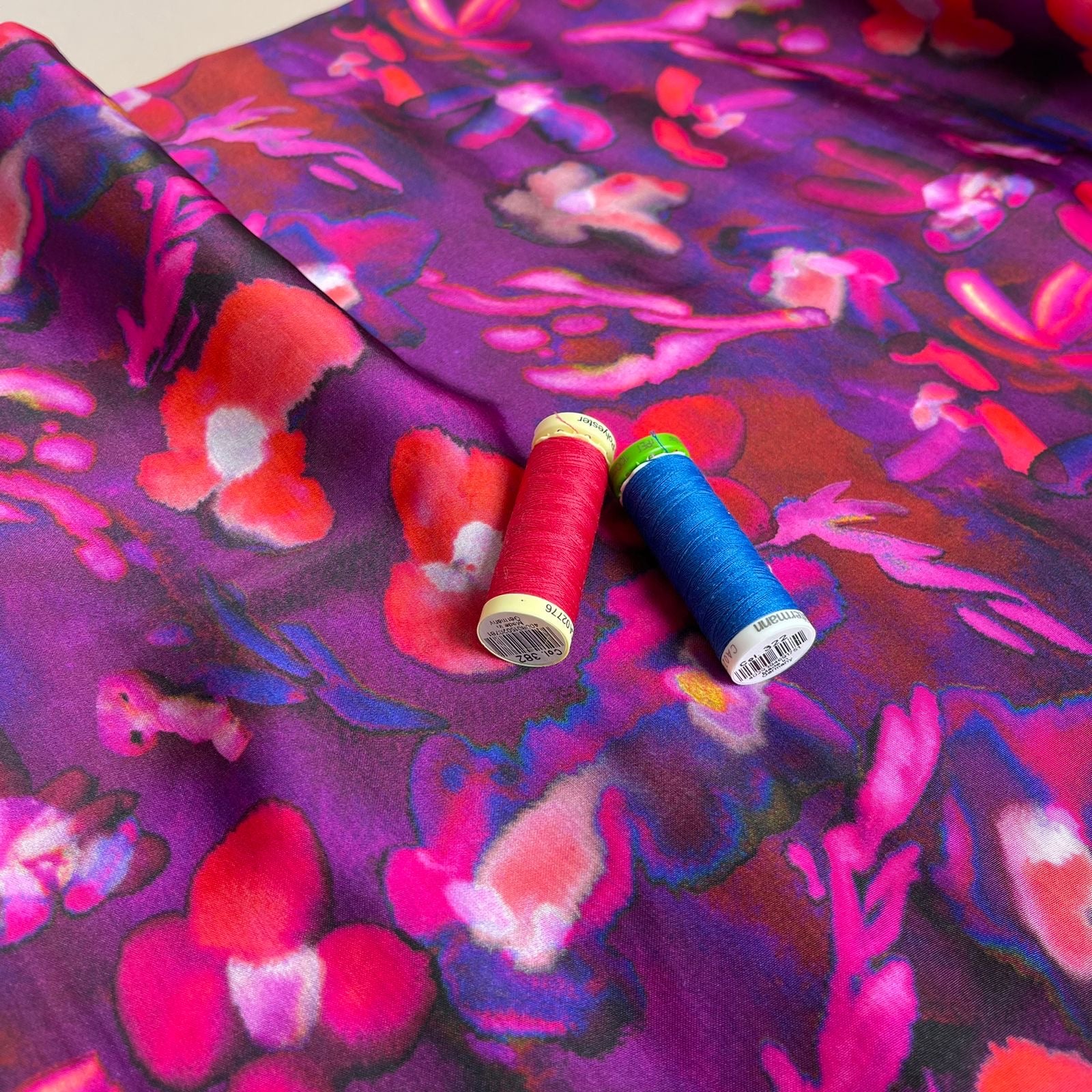 Abstract Petals in Purple Viscose Sateen Fabric